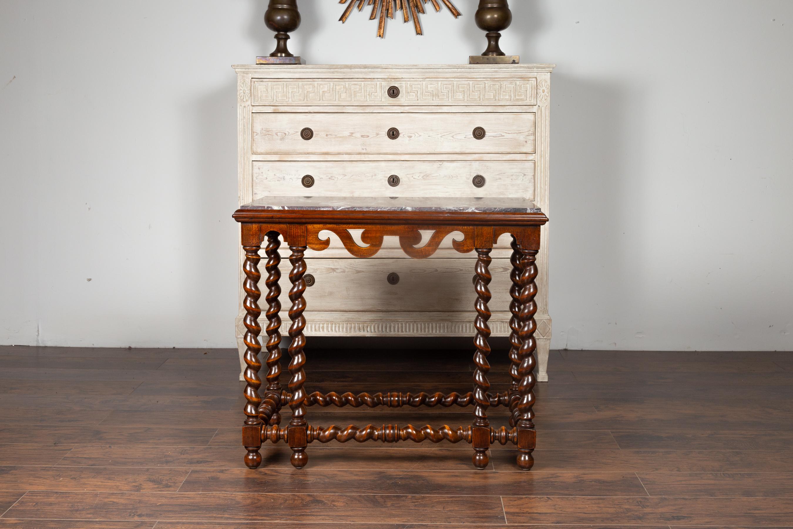 19th Century English 1850s Barley Twist Mahogany Console Table with Red Marble Top For Sale