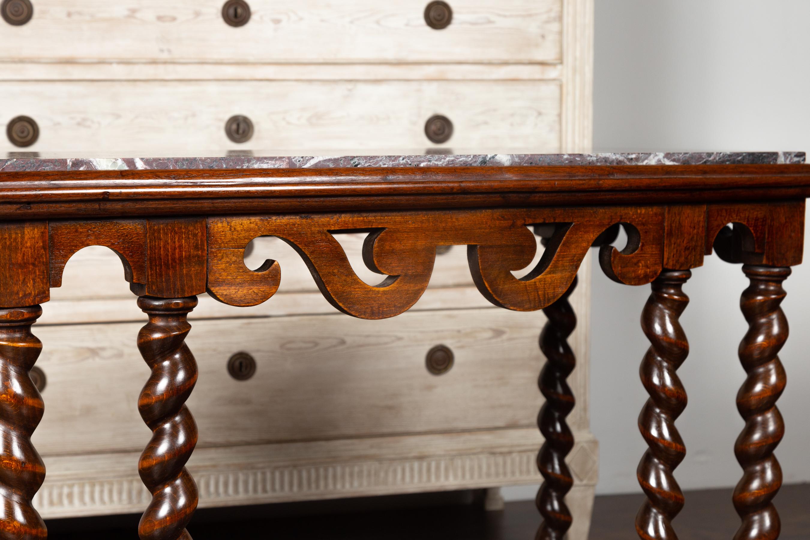 Marmo Tavolo consolle in mogano Barley Twist inglese del 1850 con piano in marmo rosso in vendita