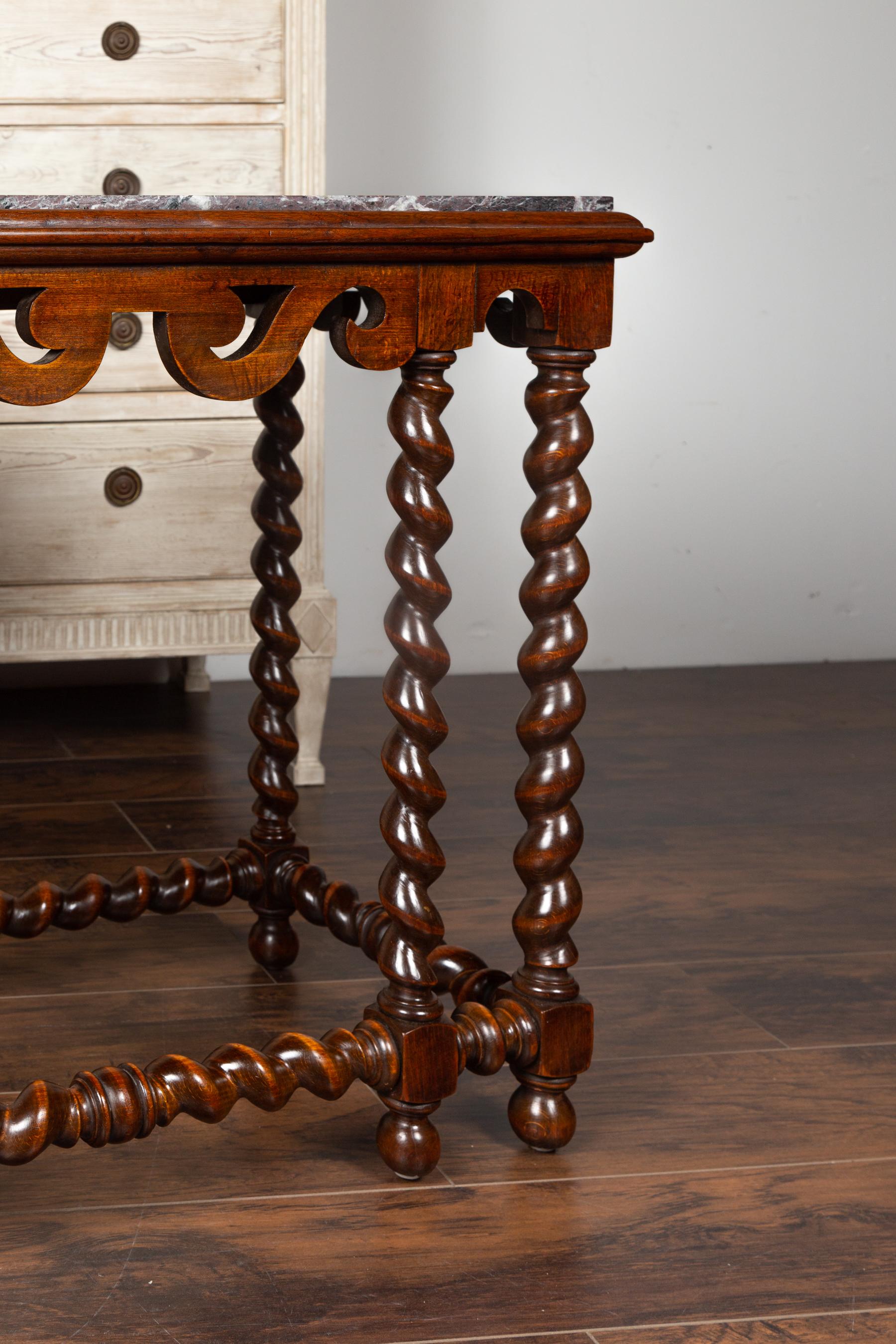 English 1850s Barley Twist Mahogany Console Table with Red Marble Top For Sale 3
