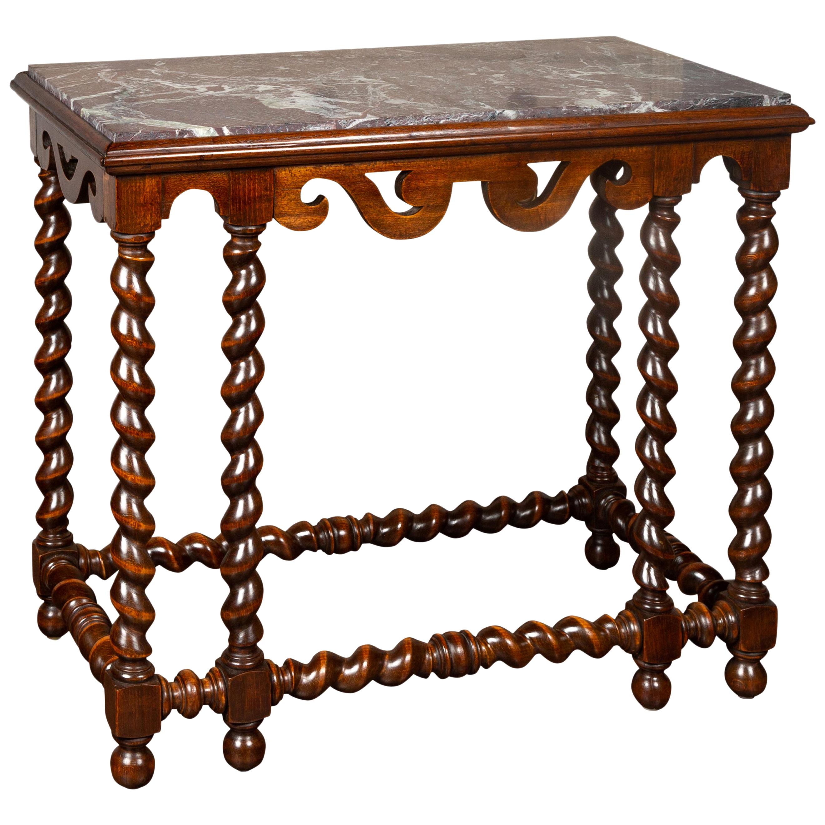 Table console anglaise des années 1850 en acajou torsadé avec plateau en marbre rouge