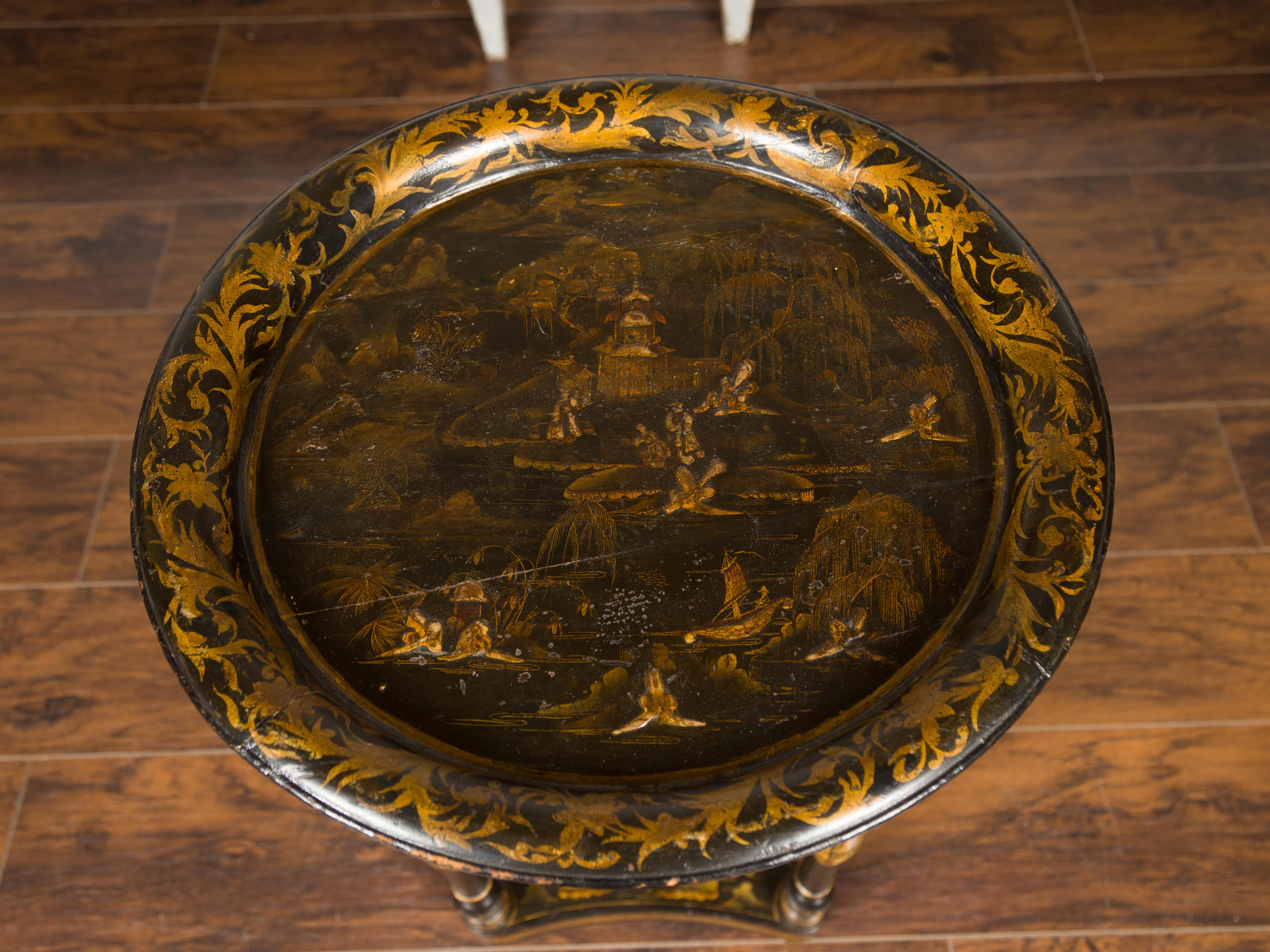 19th Century English 1850s Black Chinoiserie Guéridon Table with Gilt Motifs and Turned Legs For Sale