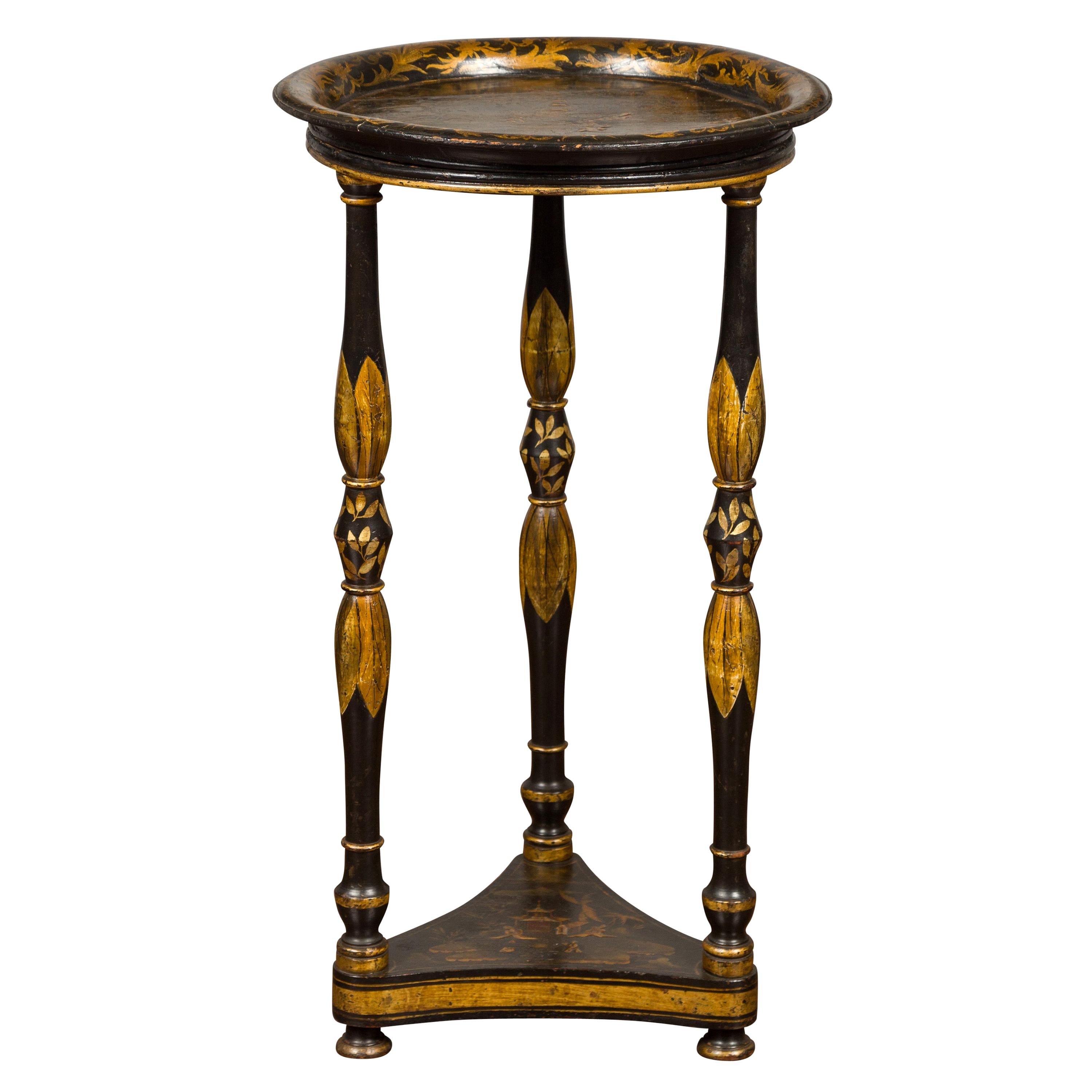 English 1850s Black Chinoiserie Guéridon Table with Gilt Motifs and Turned Legs