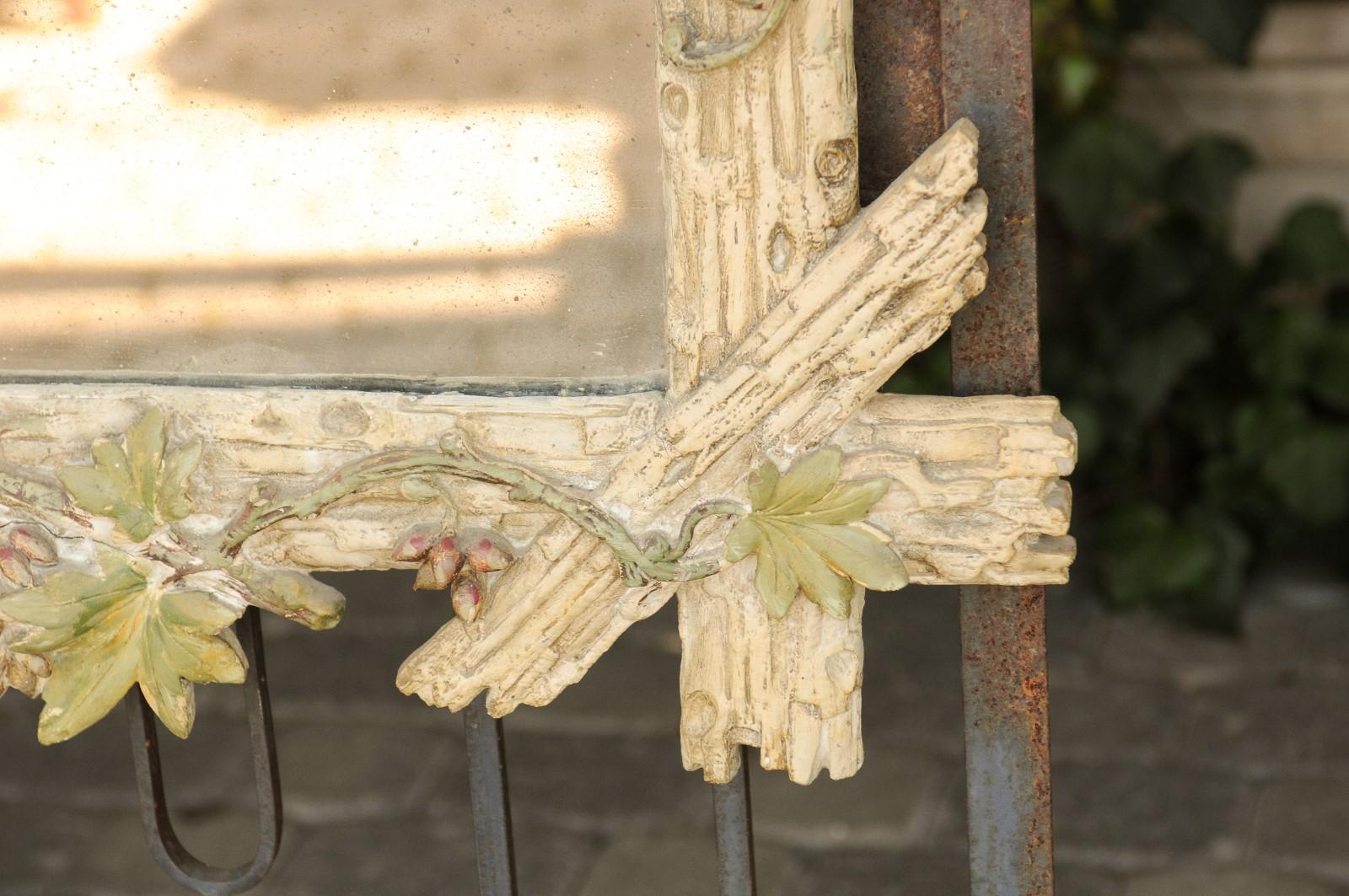 English 1850s Black Forest Style Carved Mirror with Painted Foliage and Fruits 10