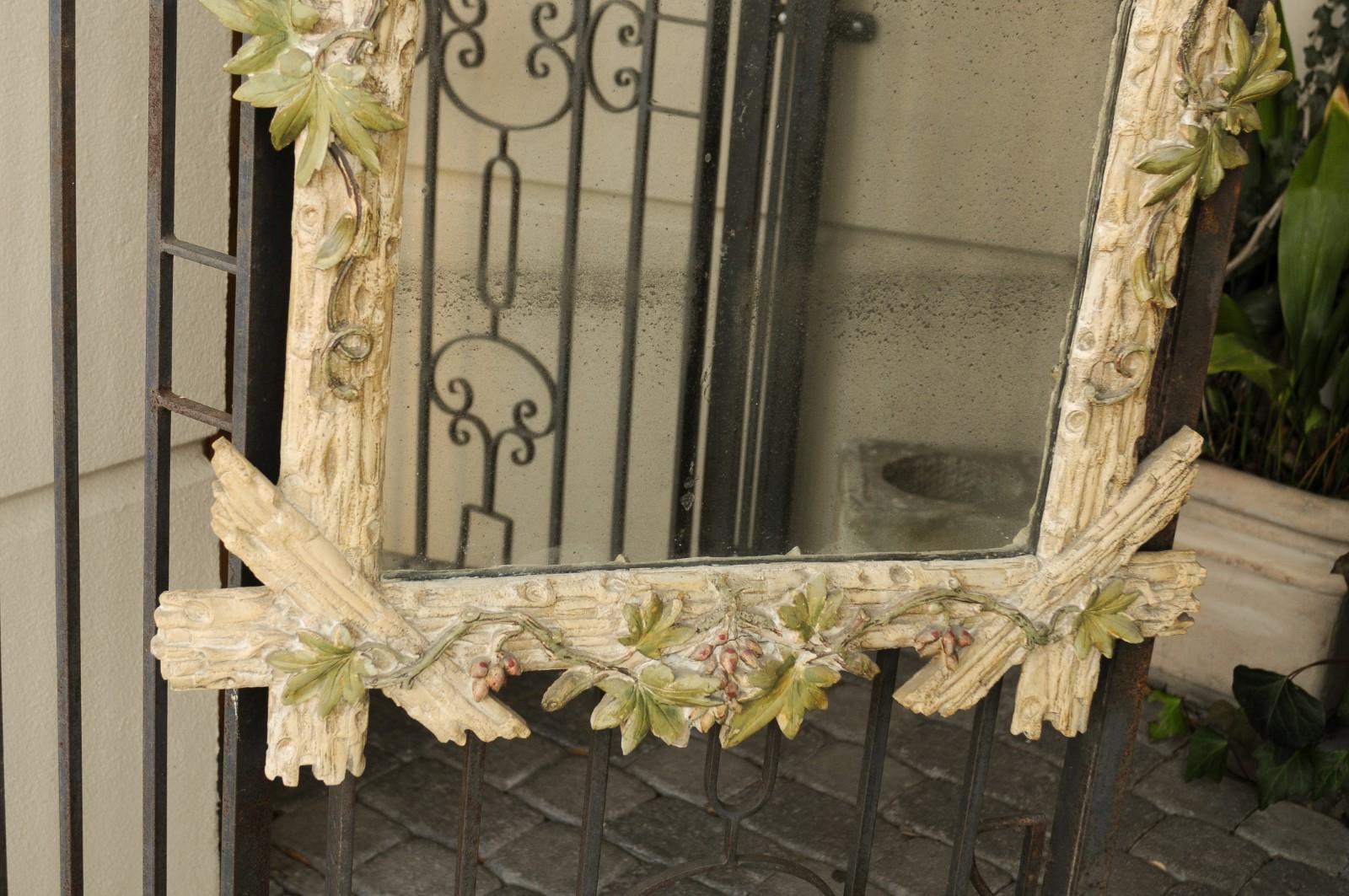English 1850s Black Forest Style Carved Mirror with Painted Foliage and Fruits 1