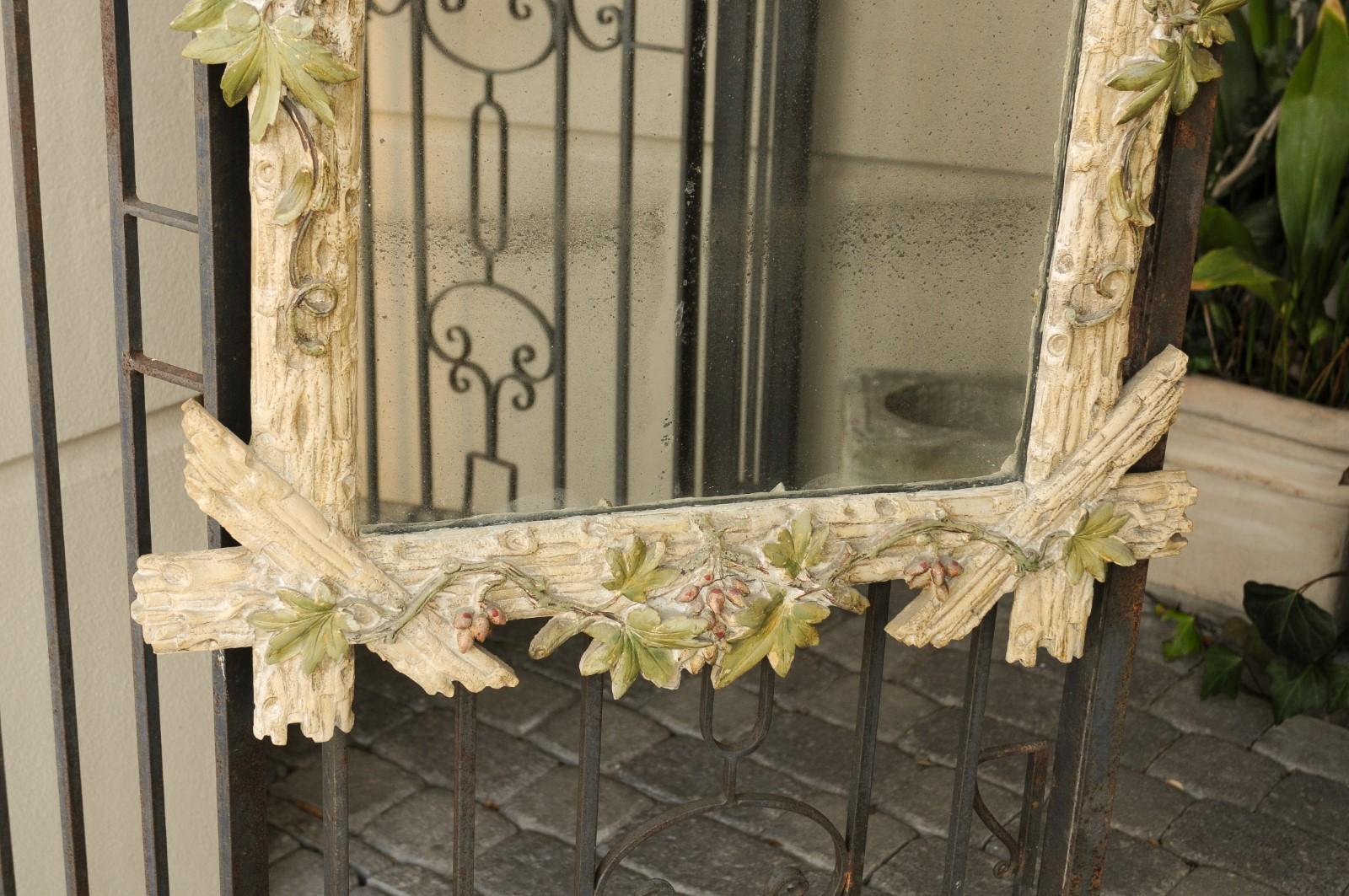 English 1850s Black Forest Style Carved Mirror with Painted Foliage and Fruits 2