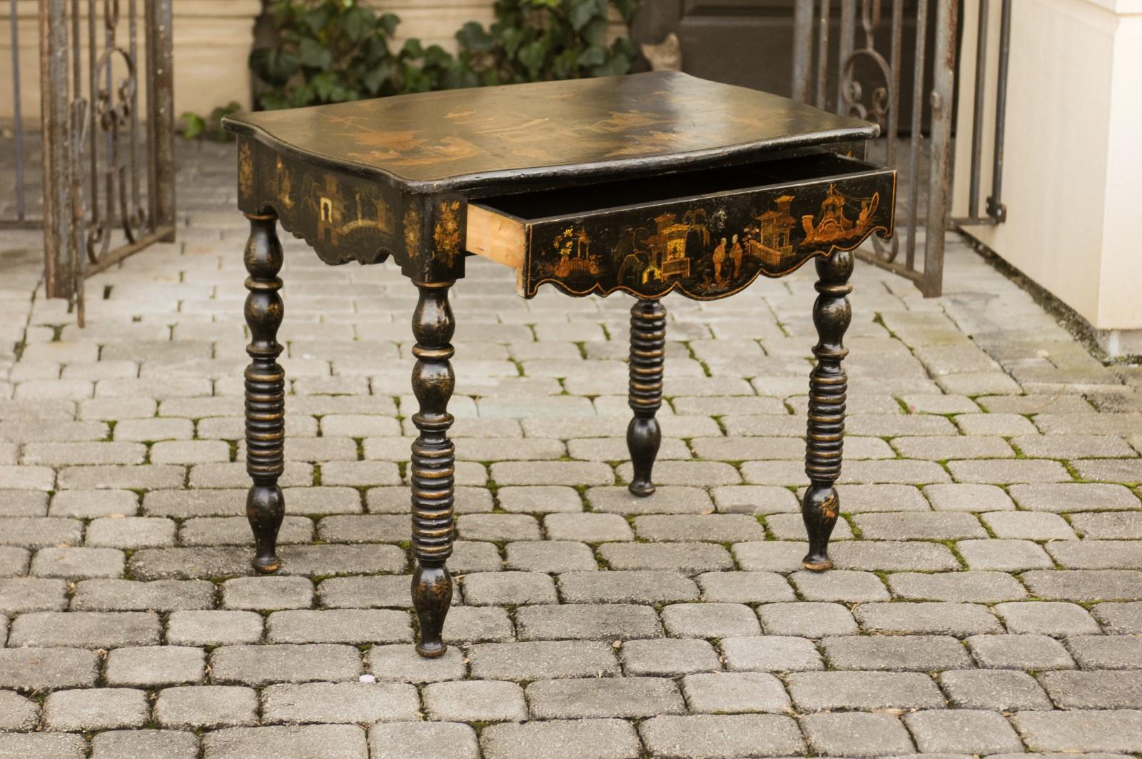 English 1850s Chinoiserie Table with Ebonized Wood and Hand Painted Décor 8