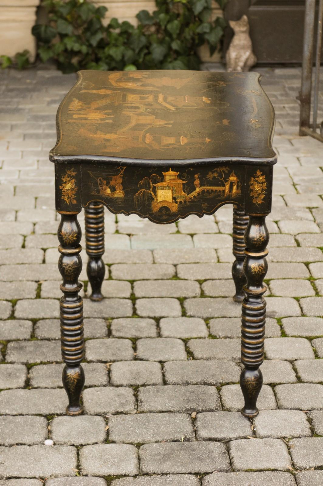 English 1850s Chinoiserie Table with Ebonized Wood and Hand Painted Décor 12