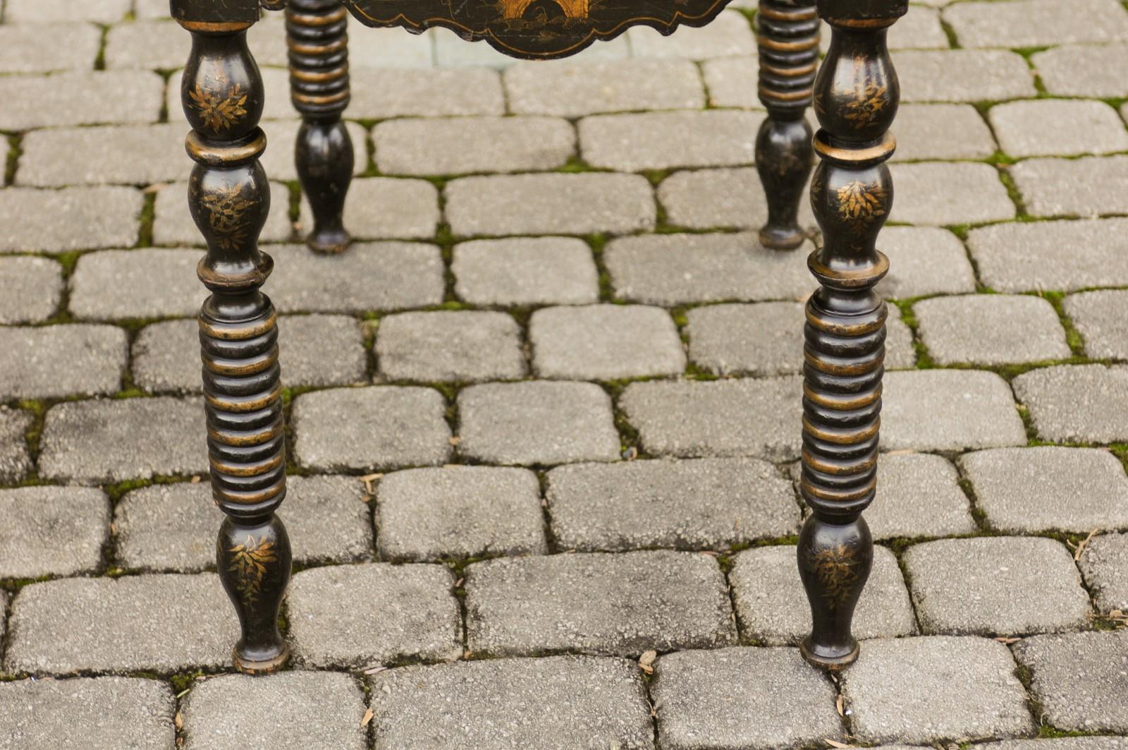 English 1850s Chinoiserie Table with Ebonized Wood and Hand Painted Décor 14