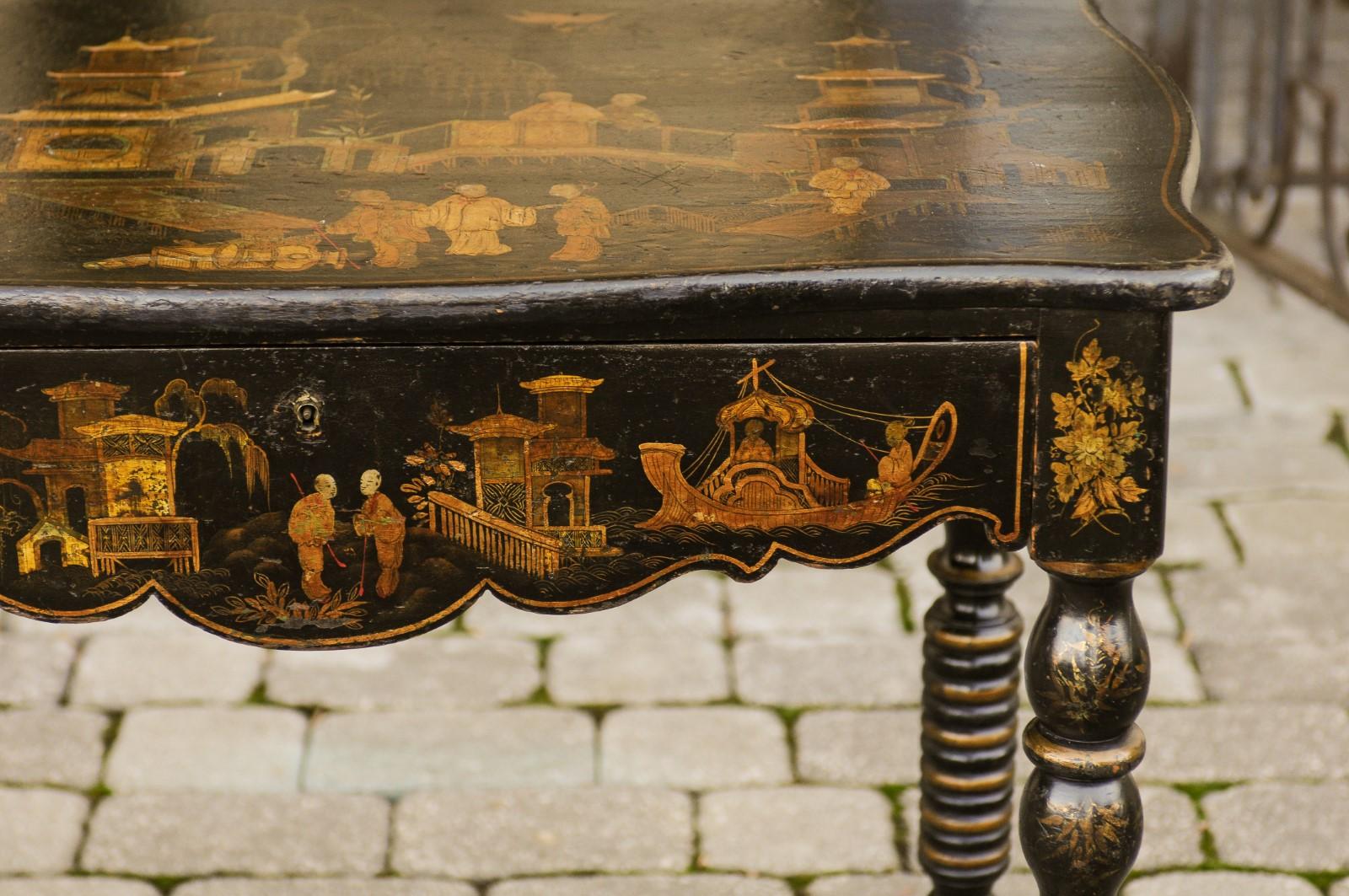 English 1850s Chinoiserie Table with Ebonized Wood and Hand Painted Décor 16