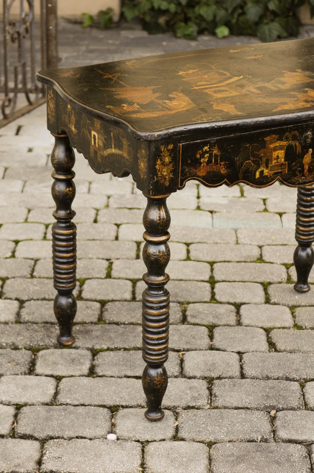 19th Century English 1850s Chinoiserie Table with Ebonized Wood and Hand Painted Décor