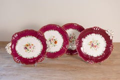 English 1850s Copeland Red Border Plates and Compotes with Bouquets of Flowers