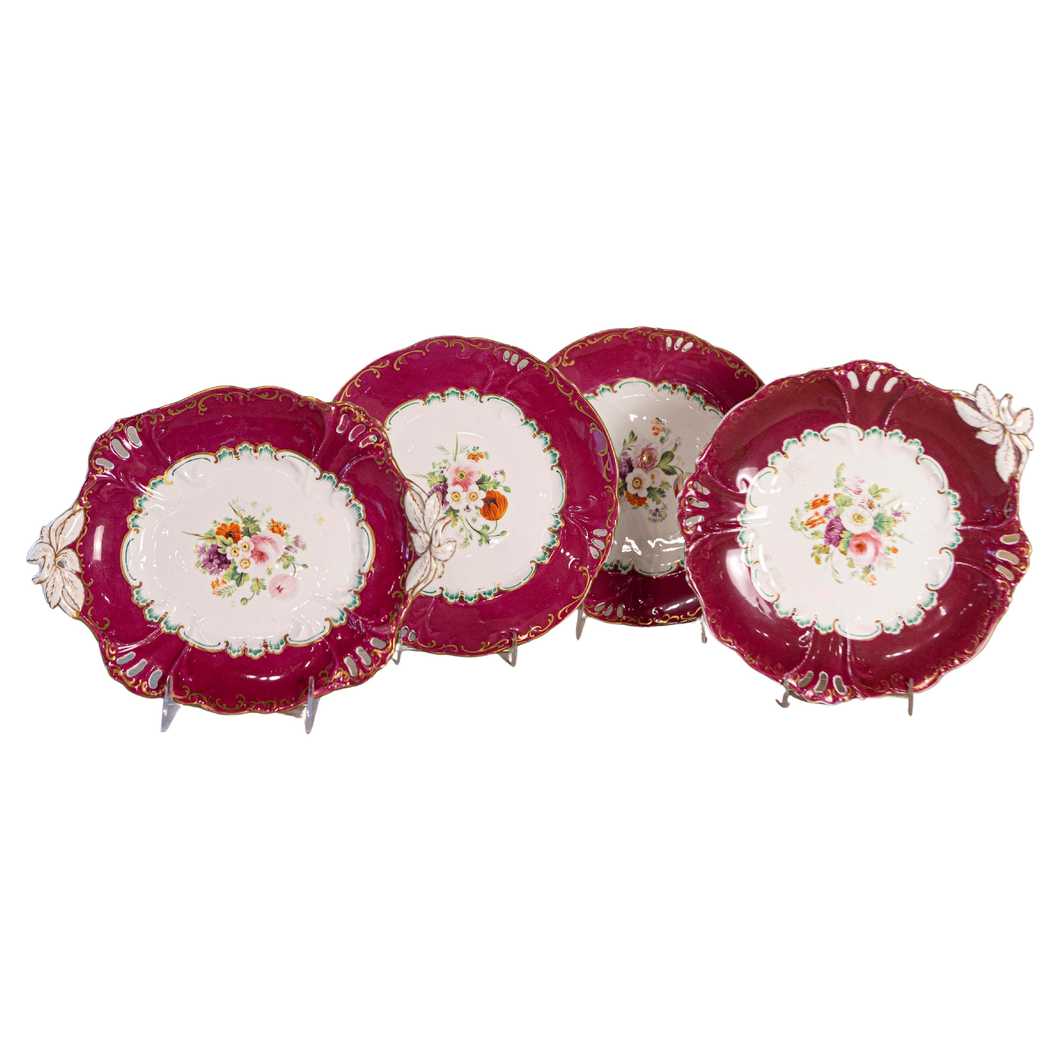 English 1850s Copeland Red Border Plates and Compotes with Bouquets of Flowers