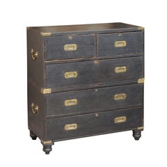 English 1850s Ebonized Two-Part Five-Drawer Chest with Linear Brass Hardware