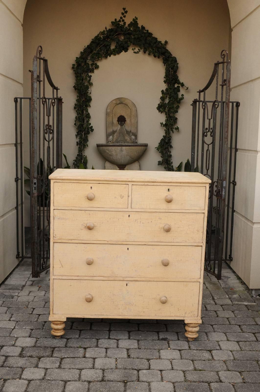 Painted English 1850s Georgian Style Five-Drawer Chest with Dry-Scrubbed Original Paint