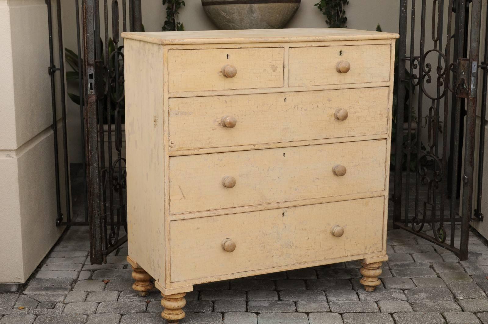Wood English 1850s Georgian Style Five-Drawer Chest with Dry-Scrubbed Original Paint