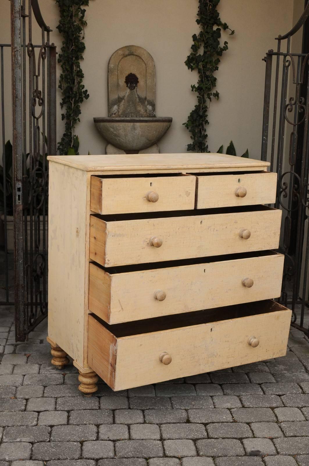 English 1850s Georgian Style Five-Drawer Chest with Dry-Scrubbed Original Paint 1