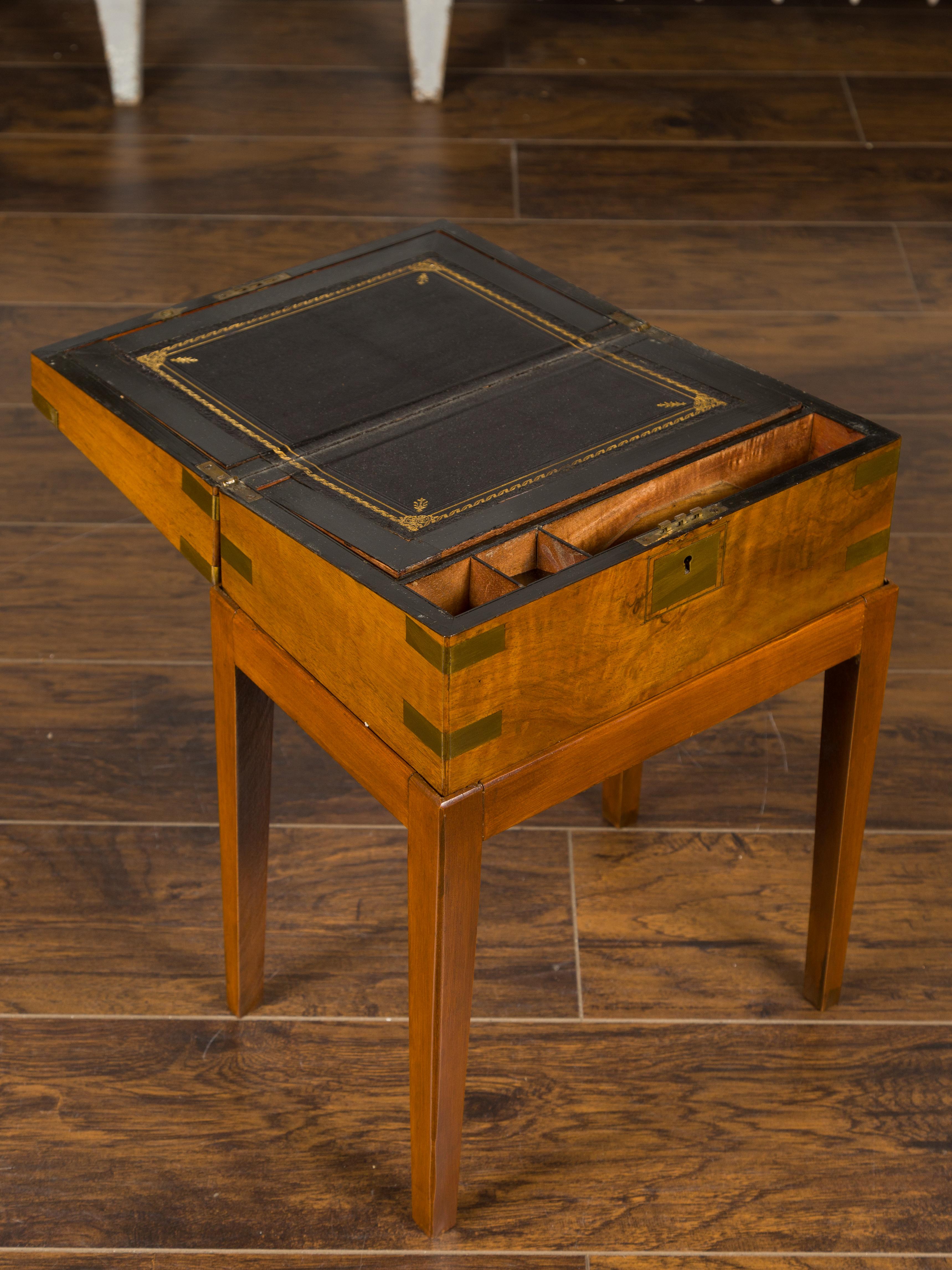 19th Century English 1850s Mahogany Lap Desk Box on Custom Stand Fitted with Black Leather