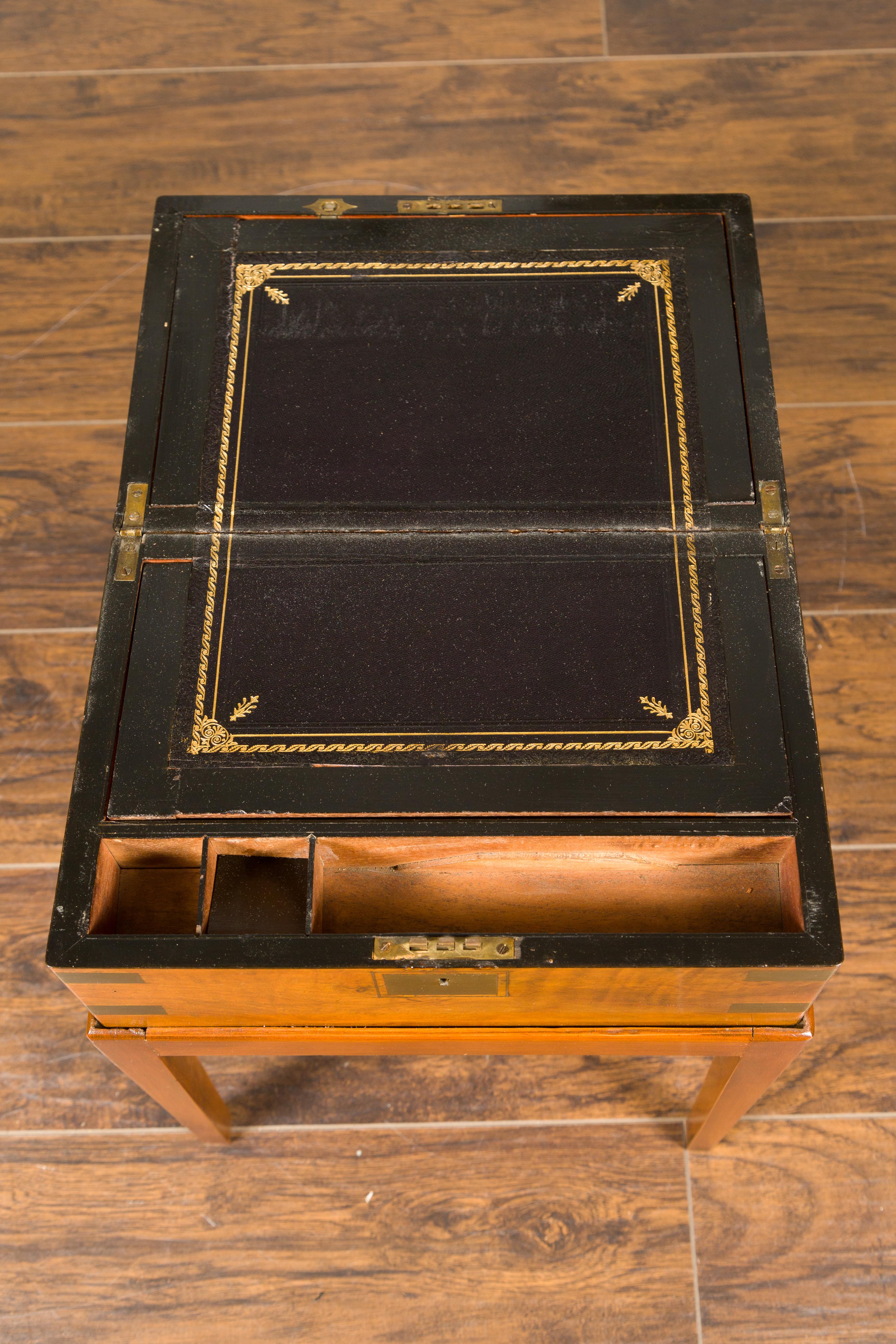 Brass English 1850s Mahogany Lap Desk Box on Custom Stand Fitted with Black Leather