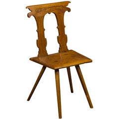 English 1850s Oak Chair with Pierced Back, Carved Inscription and Wooden Seat