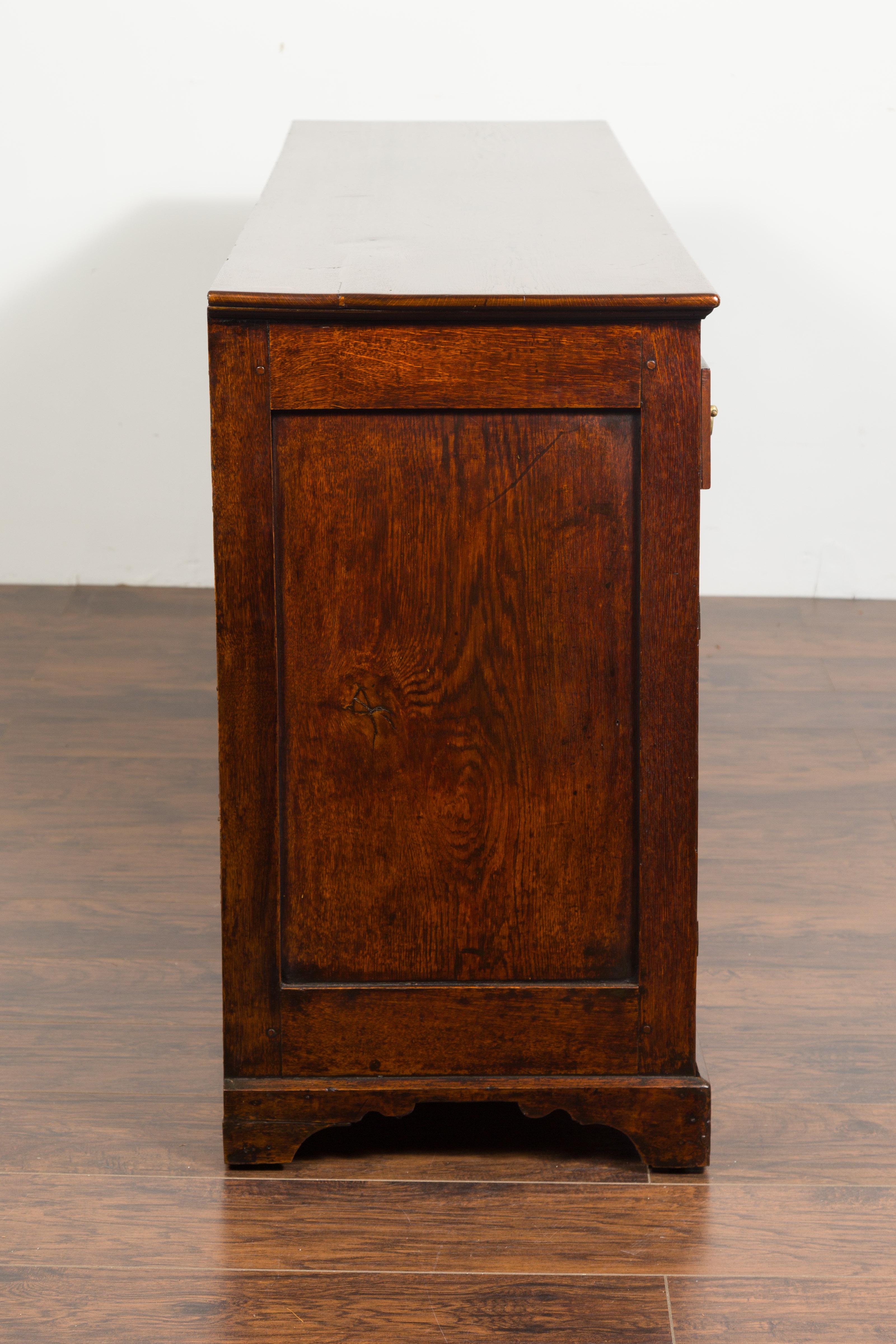 English 1850s Oak Dresser Base with Drawers, Doors, Brass Hardware, Bone Inlay 6