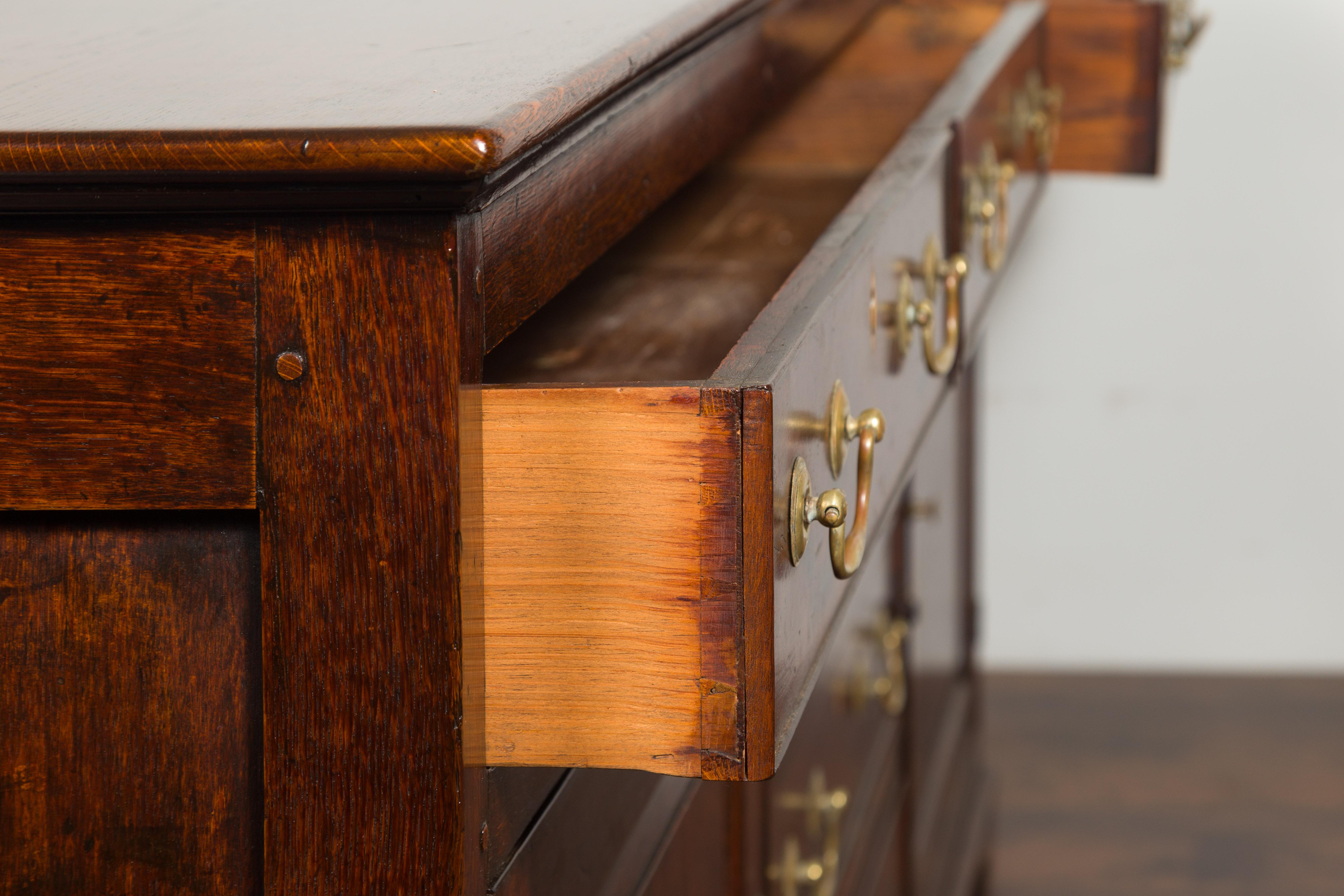 English 1850s Oak Dresser Base with Drawers, Doors, Brass Hardware, Bone Inlay 9