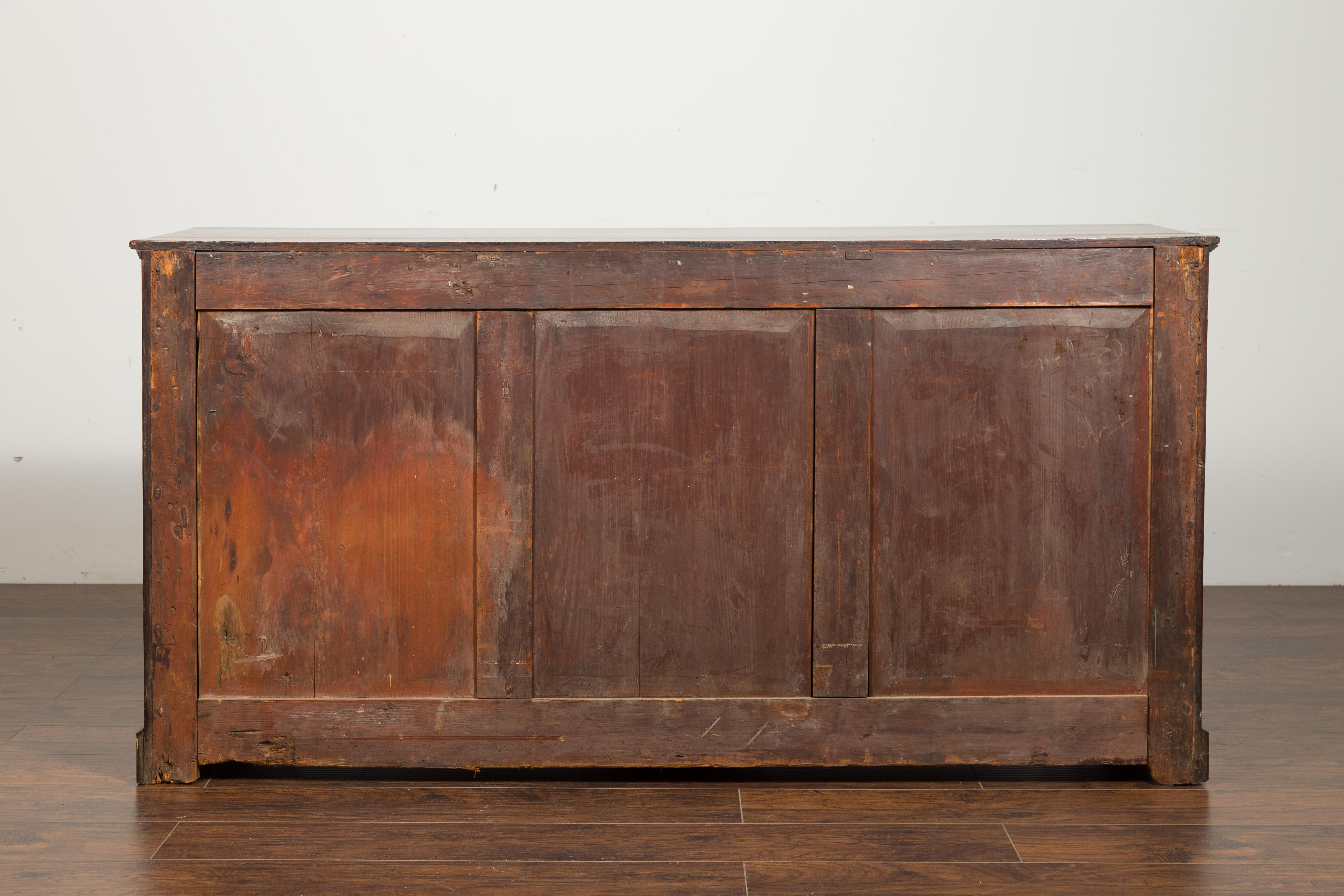 English 1850s Oak Dresser Base with Drawers, Doors, Brass Hardware, Bone Inlay 10