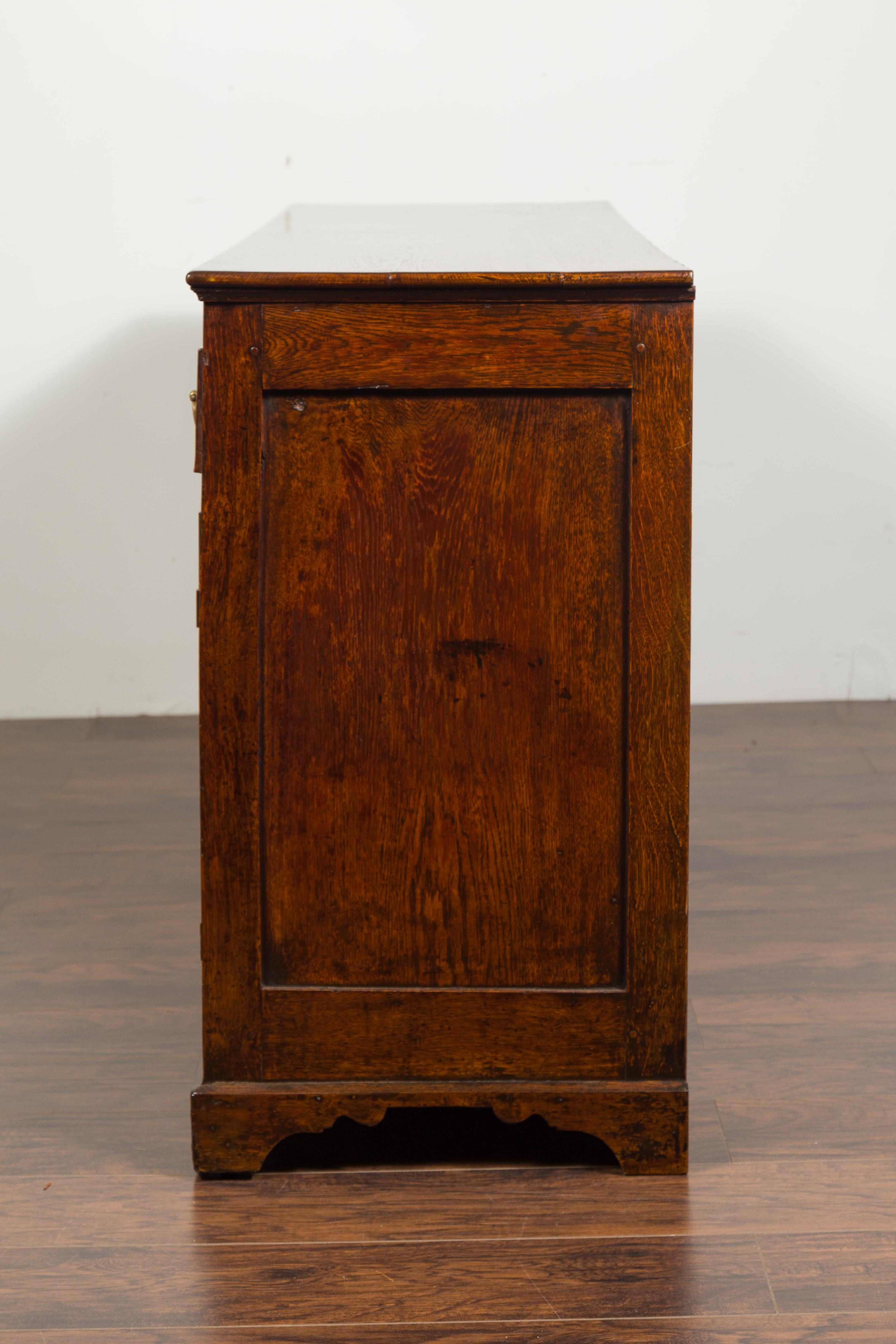 English 1850s Oak Dresser Base with Drawers, Doors, Brass Hardware, Bone Inlay 11