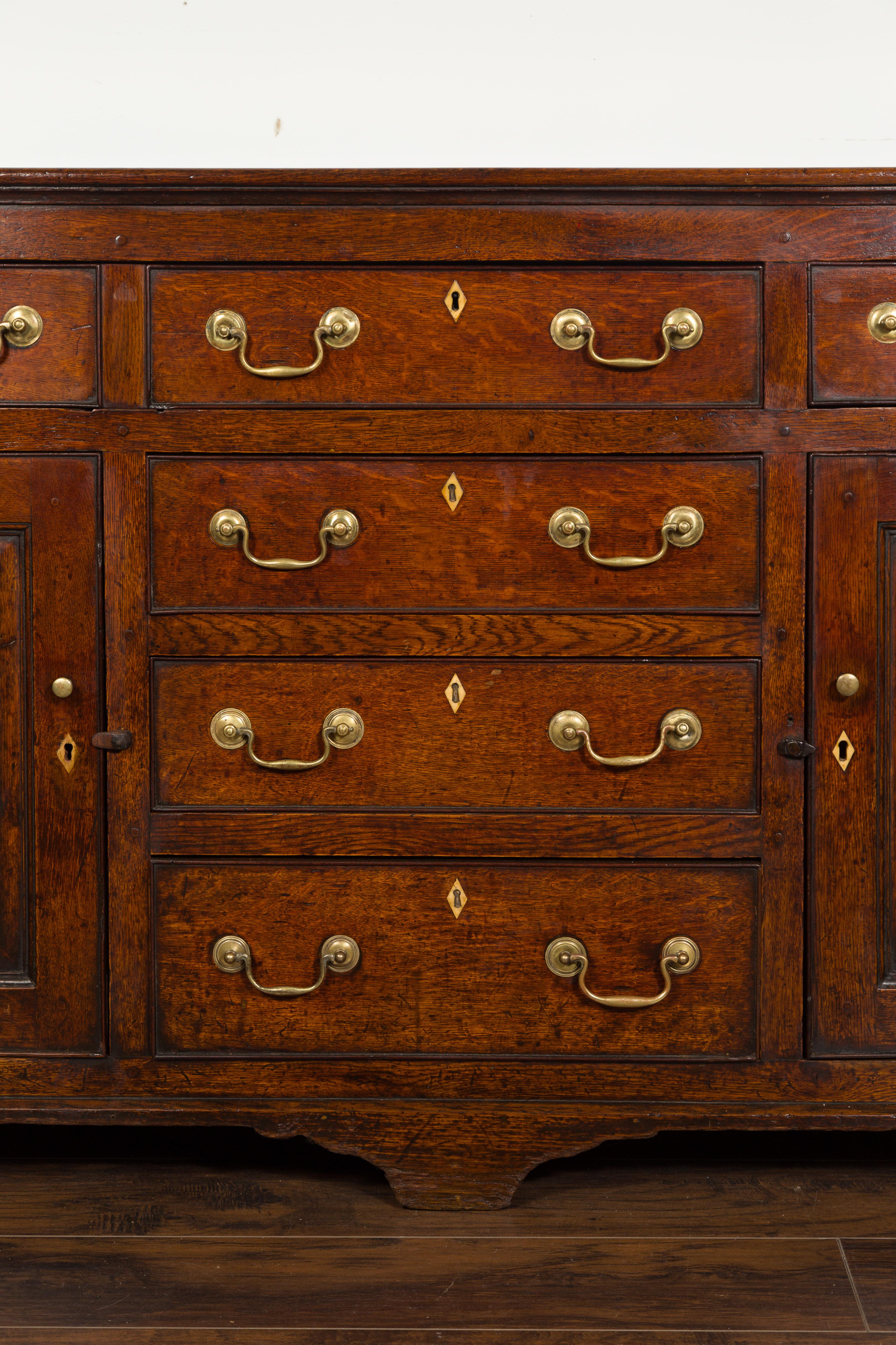 English 1850s Oak Dresser Base with Drawers, Doors, Brass Hardware, Bone Inlay 2