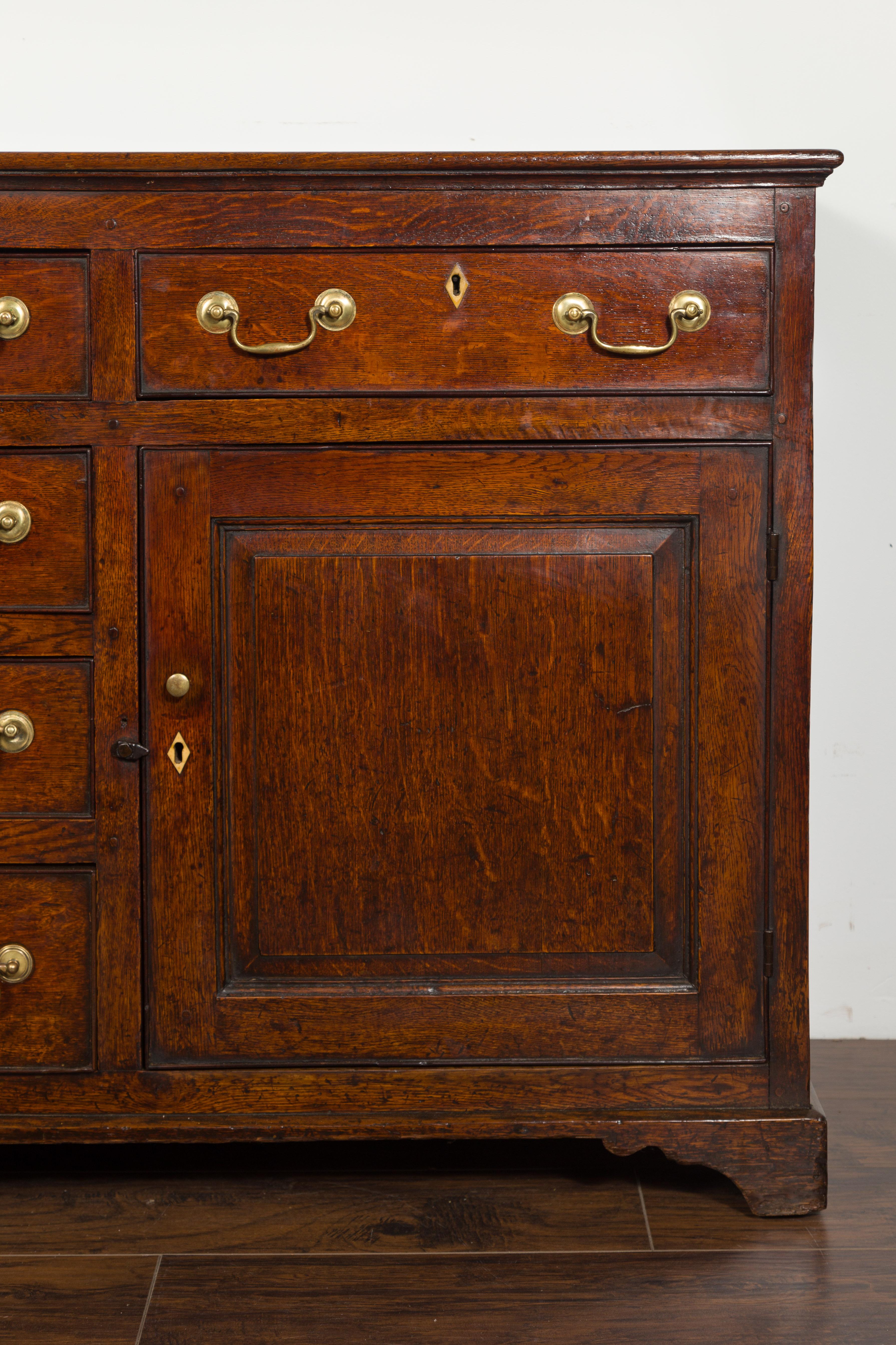English 1850s Oak Dresser Base with Drawers, Doors, Brass Hardware, Bone Inlay 3