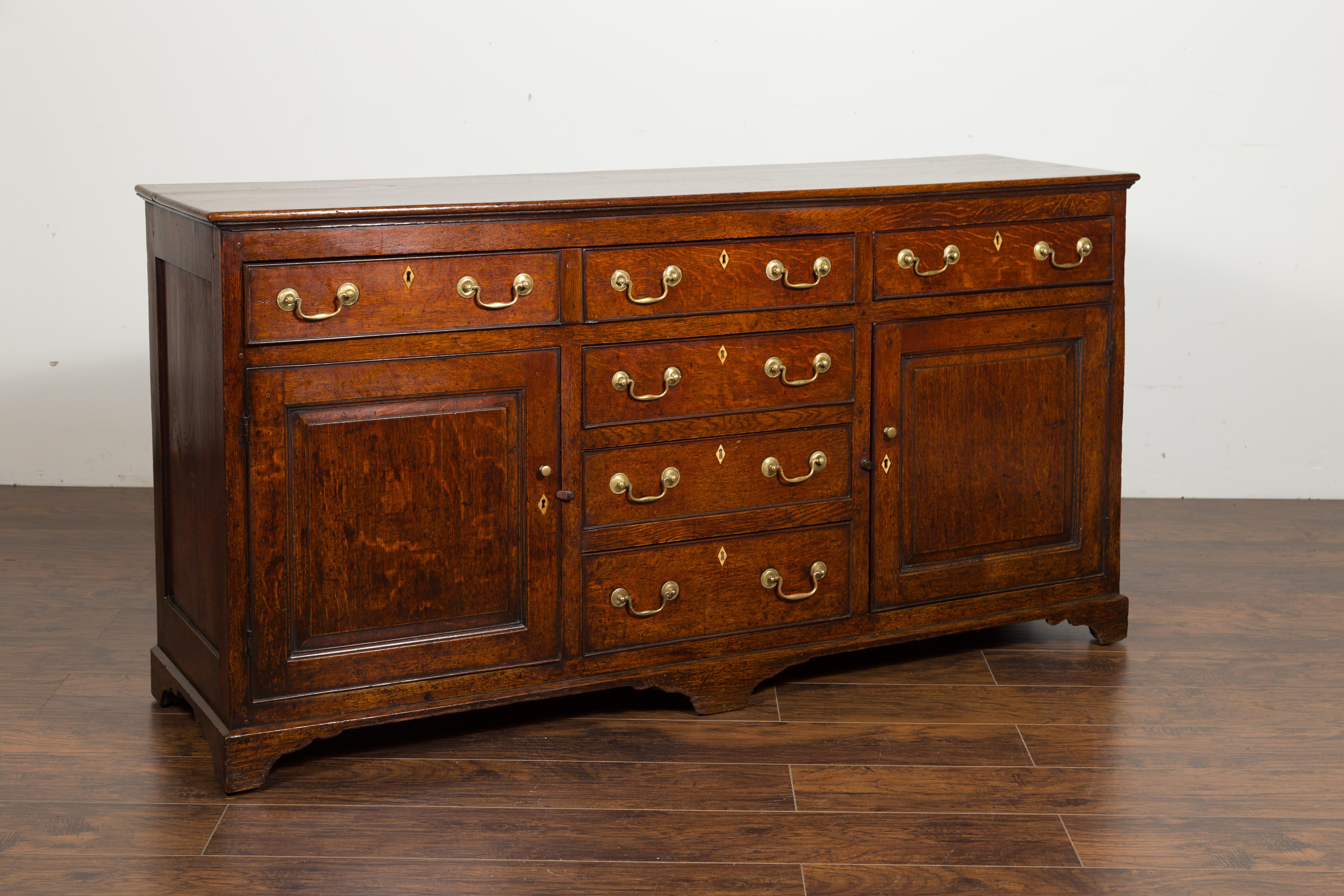 English 1850s Oak Dresser Base with Drawers, Doors, Brass Hardware, Bone Inlay 5