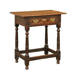 English 1850s Oak Side Table with Drawer, Brass Hardware and Turned Legs