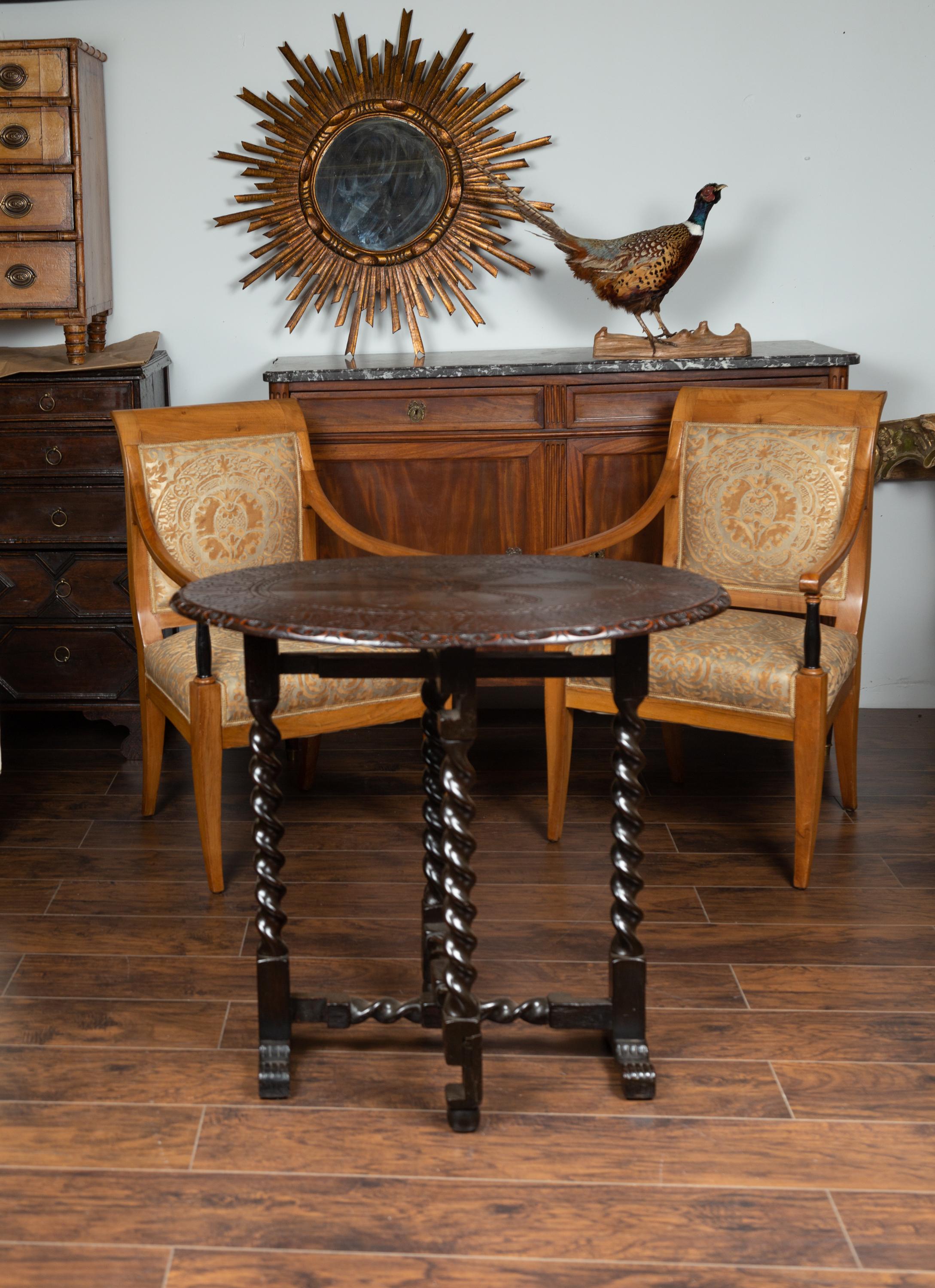 19th Century English 1850s Oak Gate Leg Oval Table with Carved Decor and Barley Twist Base For Sale