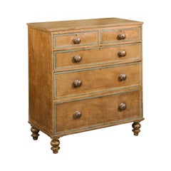 English 1850s Painted Wood Five-Drawer Chest with Turned Feet and Patina