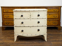 English 1850s Painted Wood Four-Drawer Bow Front Chest with Faux Bamboo Motifs