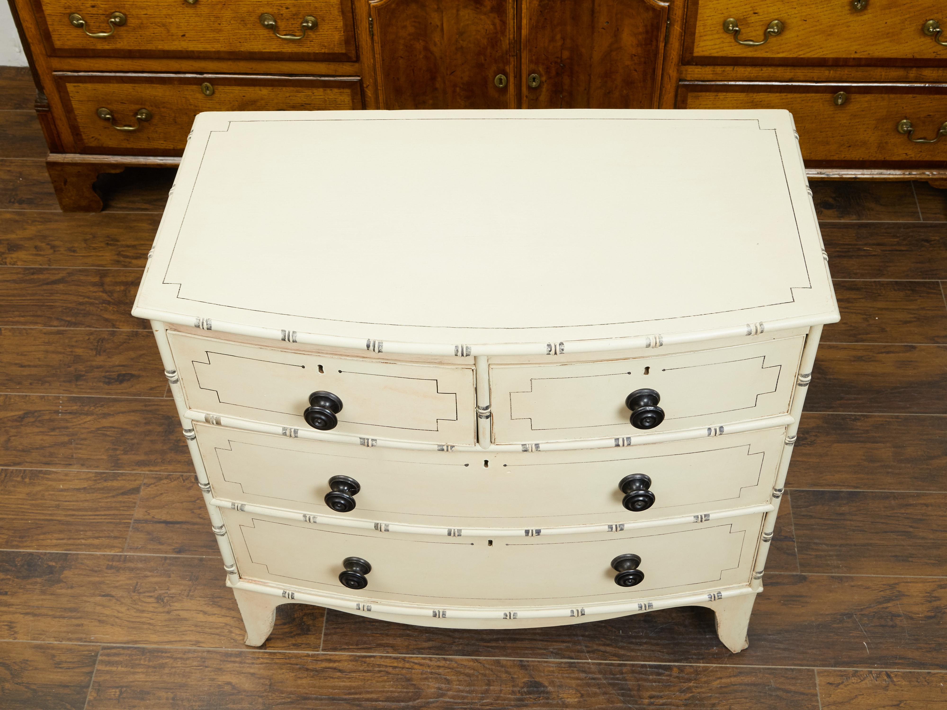 19th Century English 1850s Painted Wood Four-Drawer Bow Front Chest with Faux Bamboo Motifs