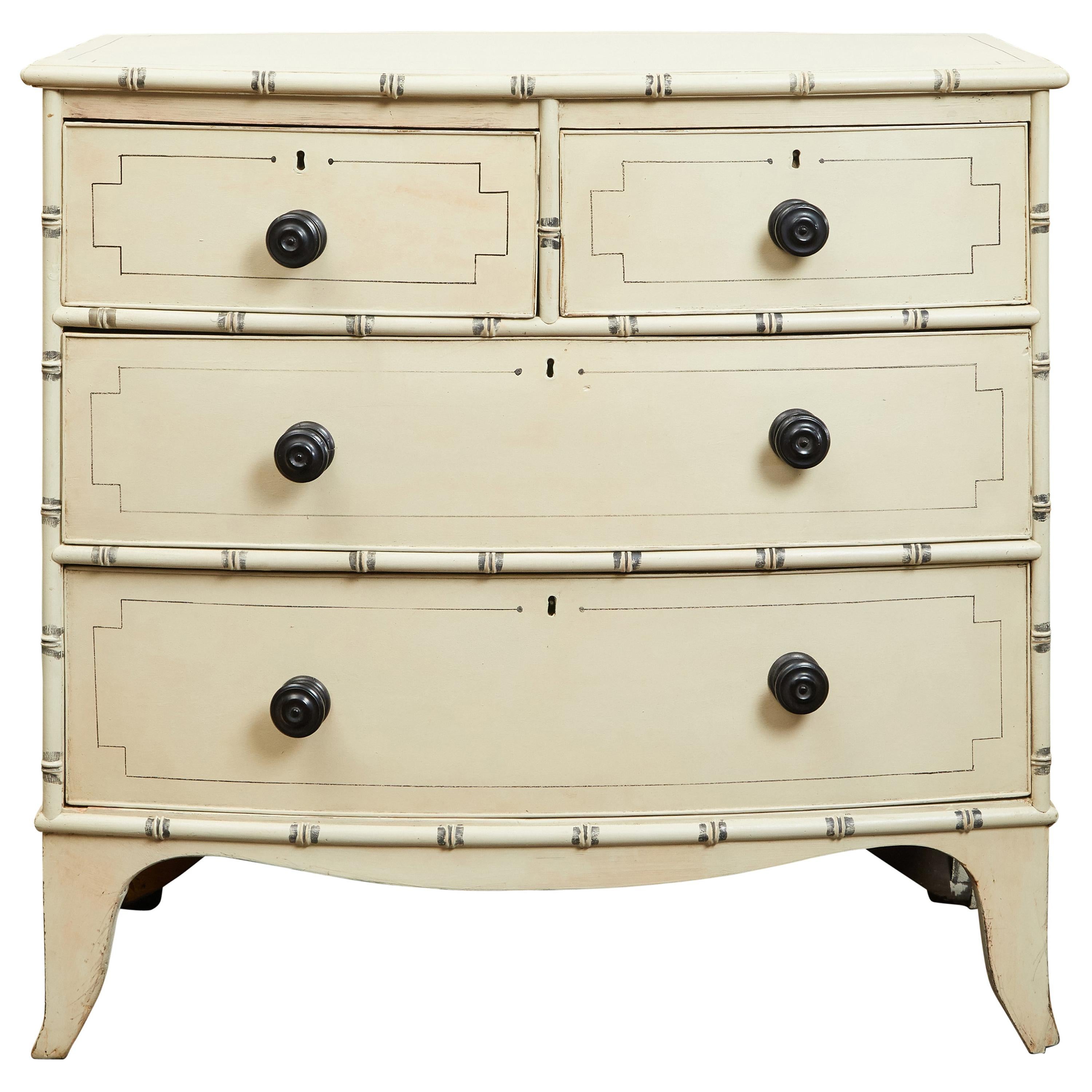 English 1850s Painted Wood Four-Drawer Bow Front Chest with Faux Bamboo Motifs