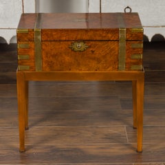 English 1850s Walnut Lap Desk Box on Custom Stand Fitted with Green Leather