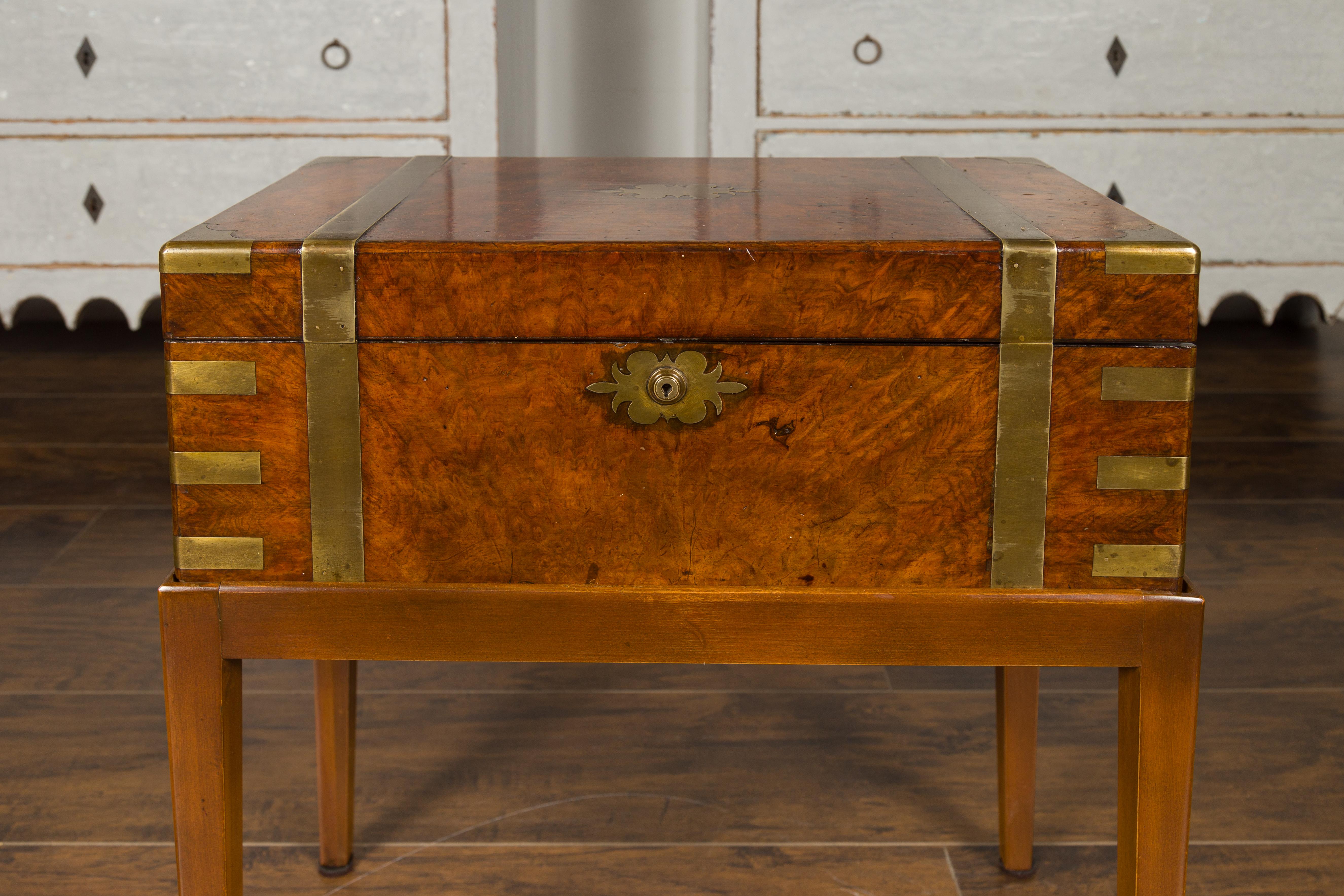 Brass English 1850s Walnut Lap Desk Box on Custom Stand Fitted with Green Leather