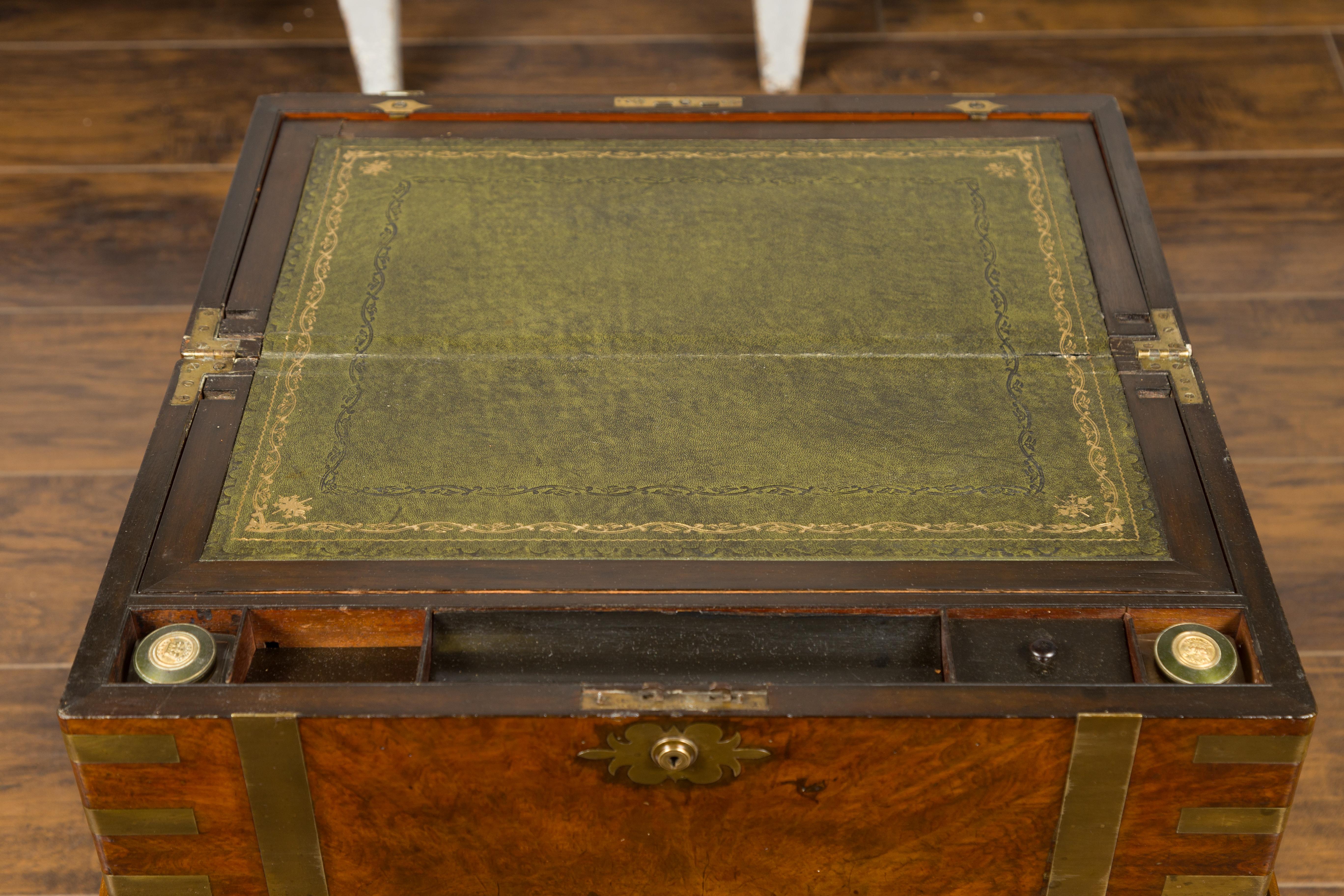 English 1850s Walnut Lap Desk Box on Custom Stand Fitted with Green Leather 1