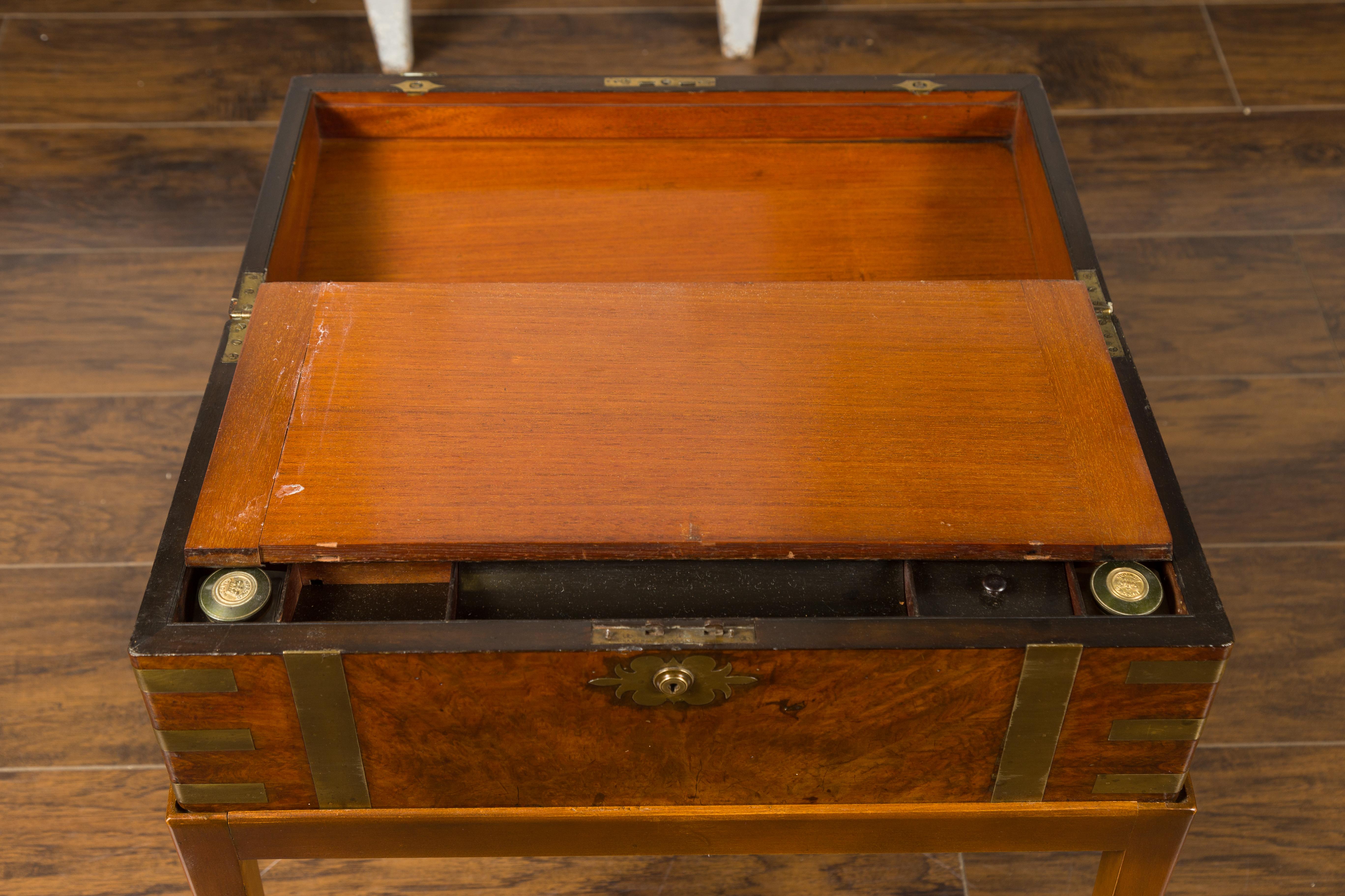 English 1850s Walnut Lap Desk Box on Custom Stand Fitted with Green Leather 3