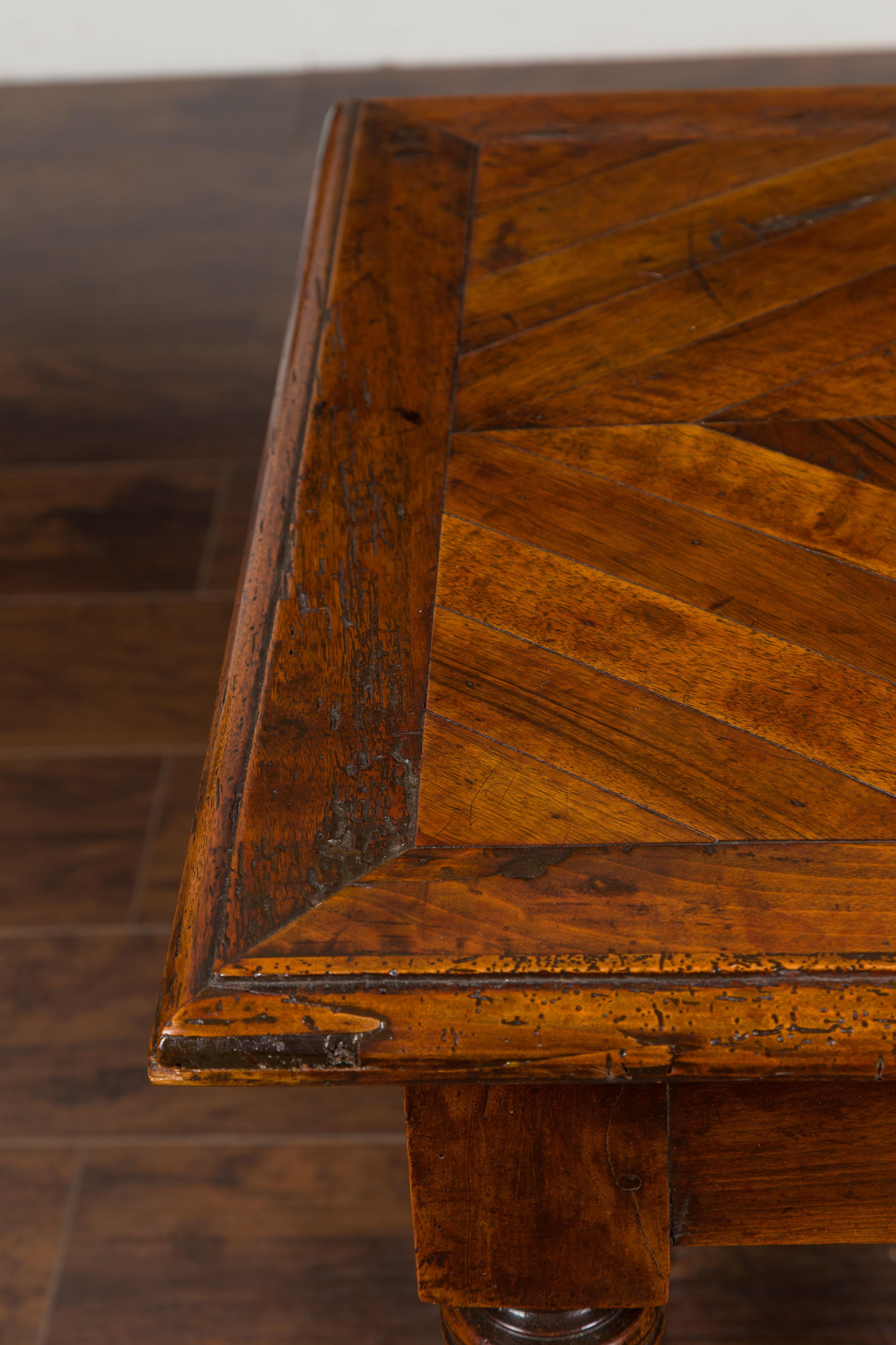 English 1850s Walnut Parquet Top Table with Single Drawer and Turned Legs For Sale 8