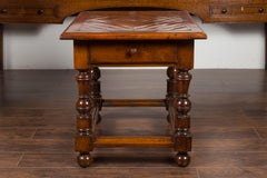 English 1850s Walnut Parquet Top Table with Single Drawer and Turned Legs