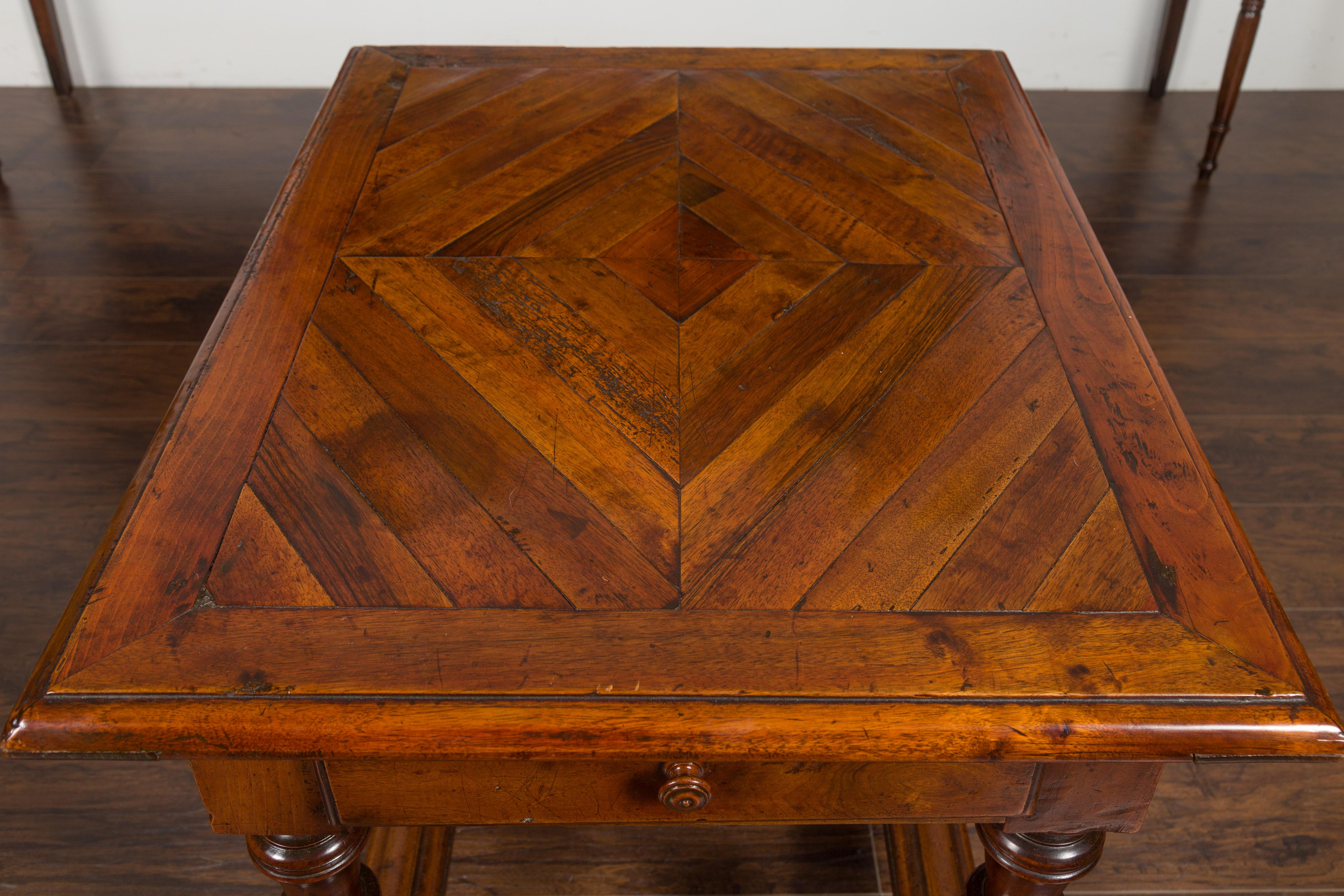 English 1850s Walnut Parquet Top Table with Single Drawer and Turned Legs In Good Condition For Sale In Atlanta, GA
