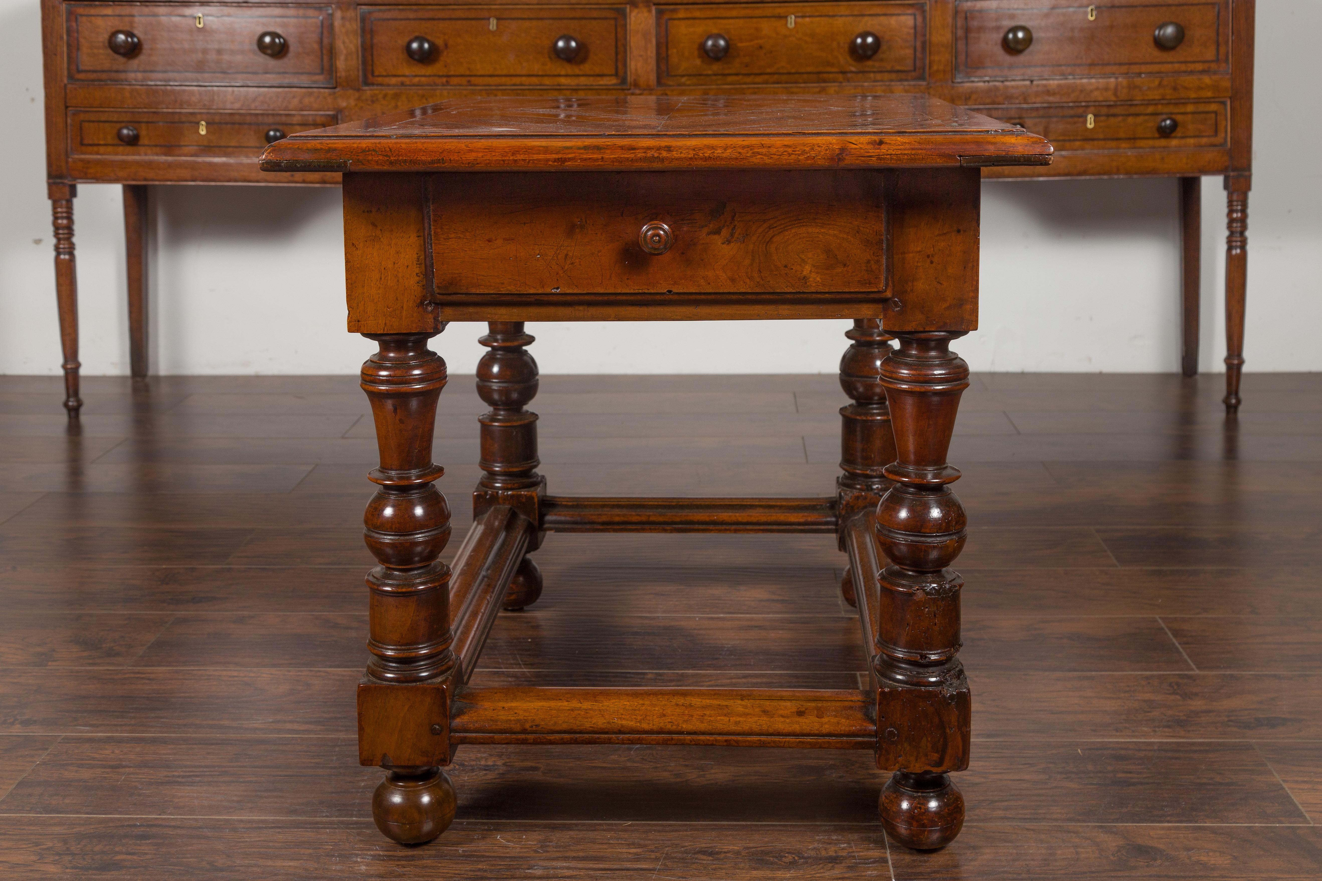 19th Century English 1850s Walnut Parquet Top Table with Single Drawer and Turned Legs For Sale