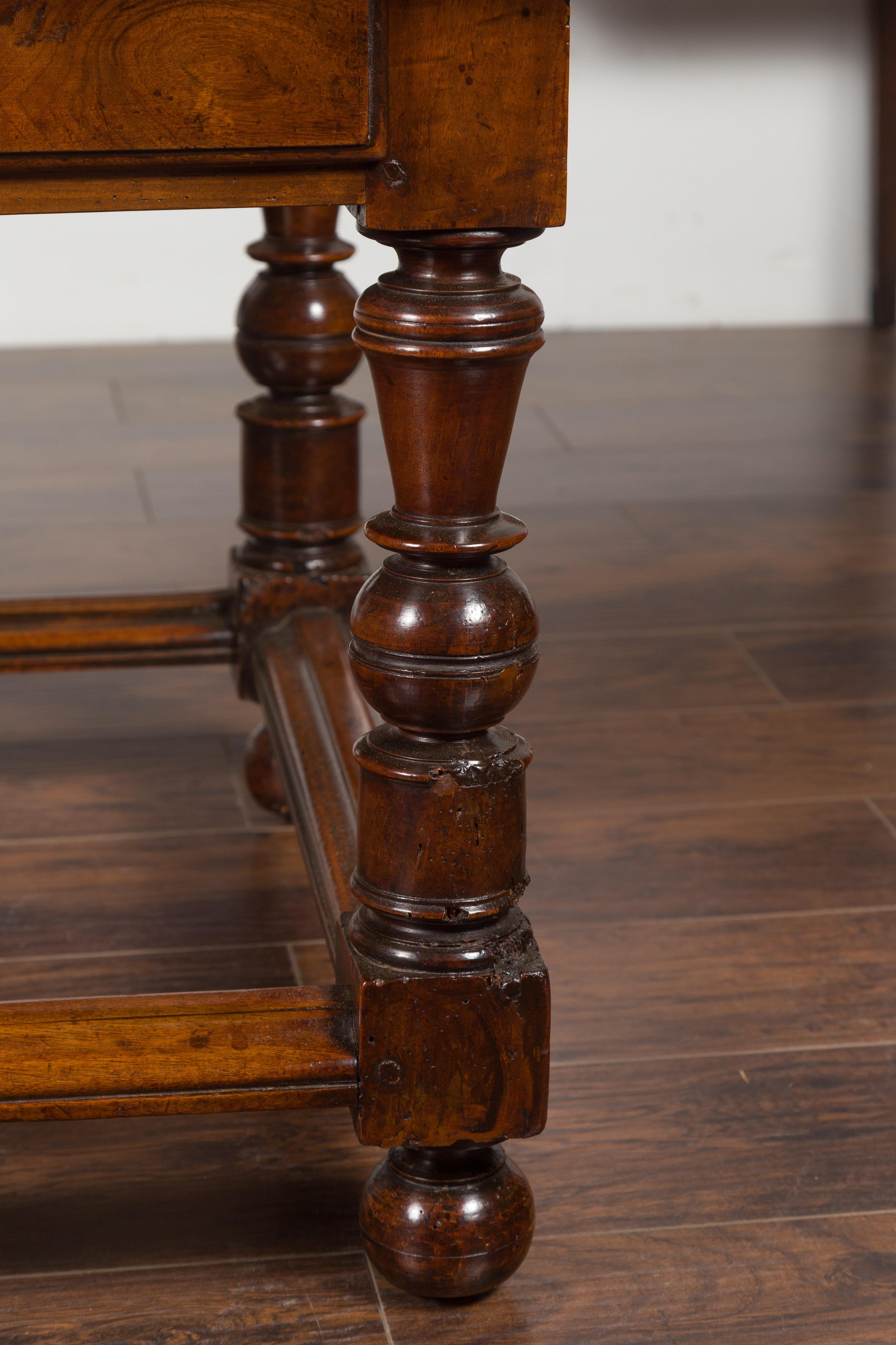 English 1850s Walnut Parquet Top Table with Single Drawer and Turned Legs For Sale 2