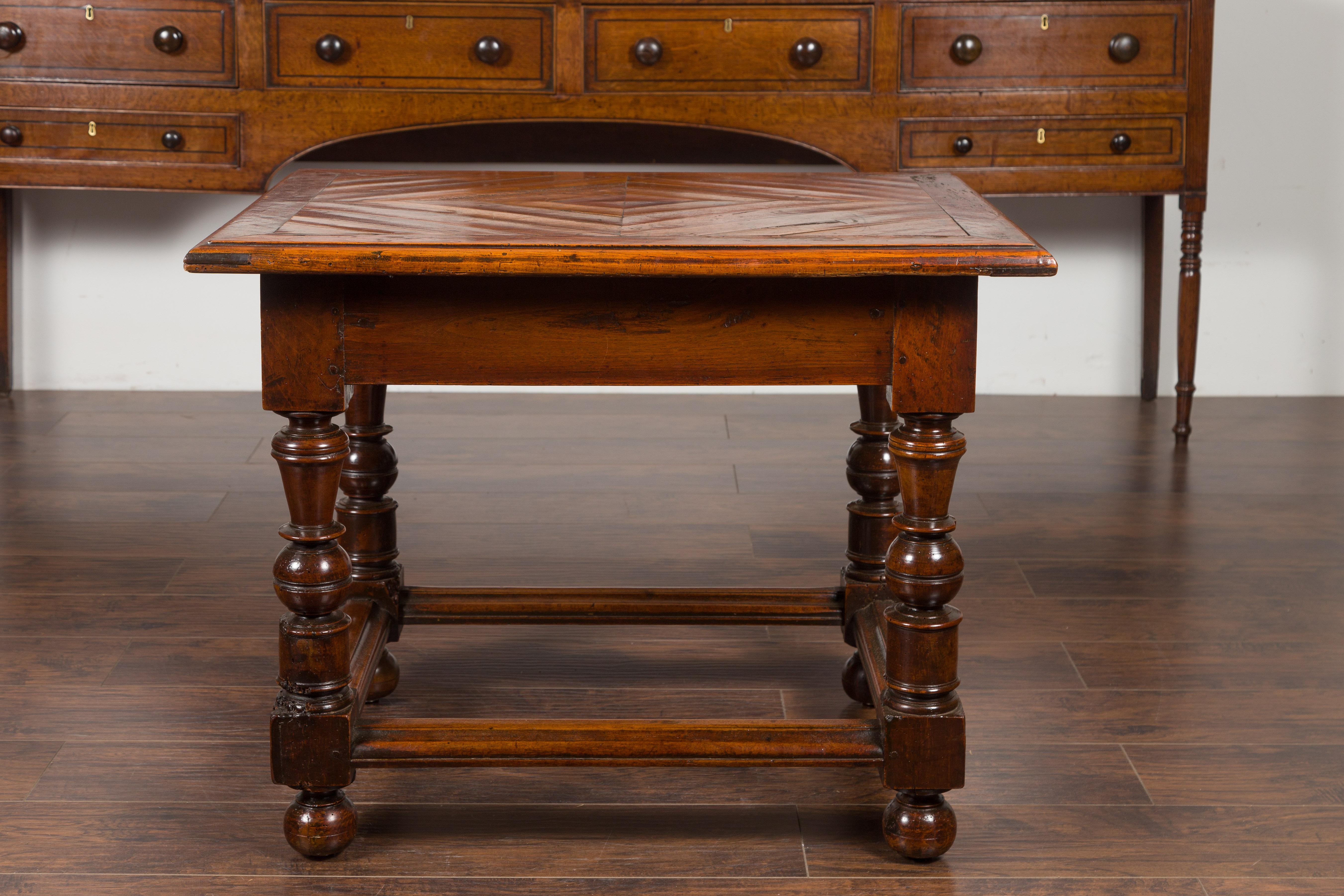 English 1850s Walnut Parquet Top Table with Single Drawer and Turned Legs For Sale 3