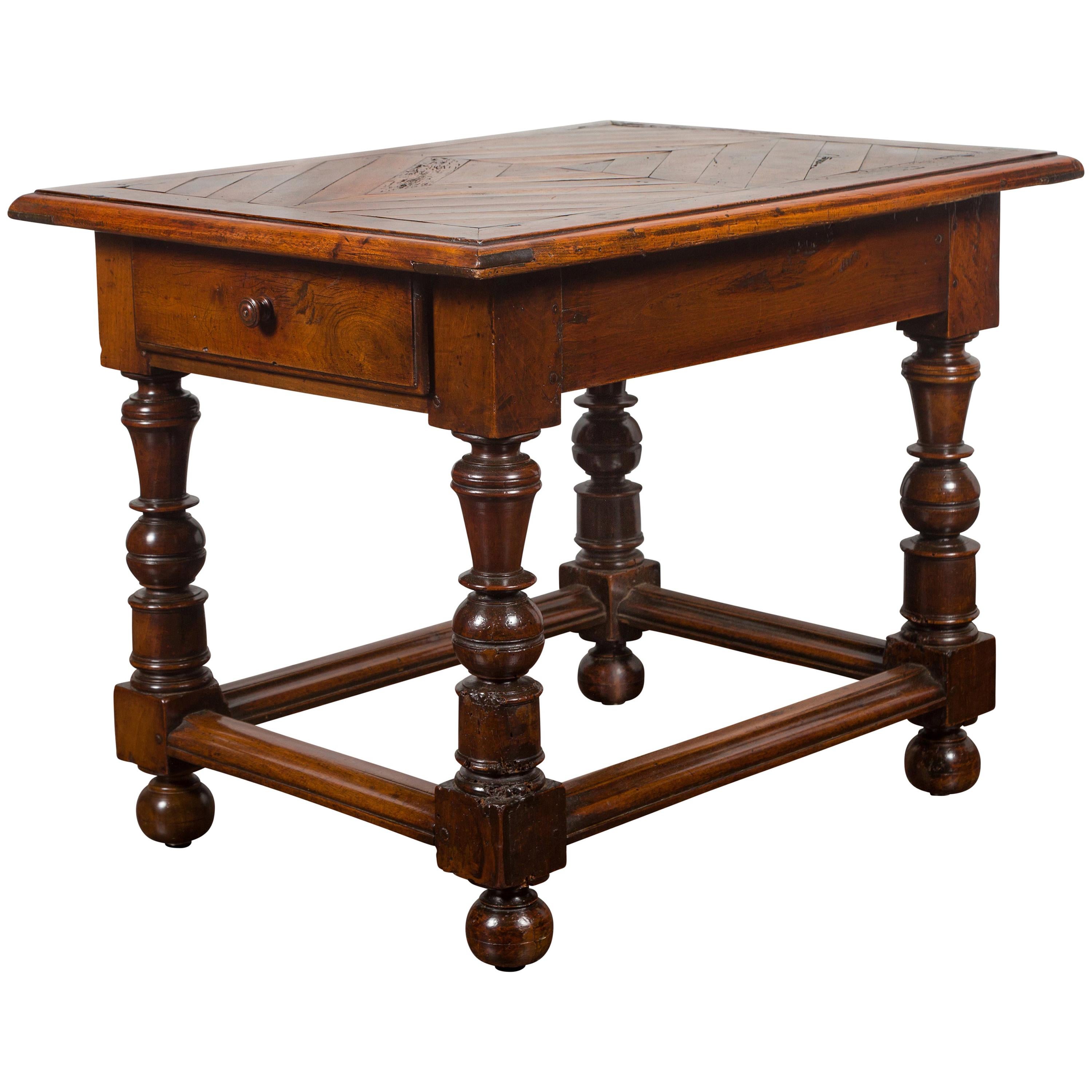 English 1850s Walnut Parquet Top Table with Single Drawer and Turned Legs For Sale