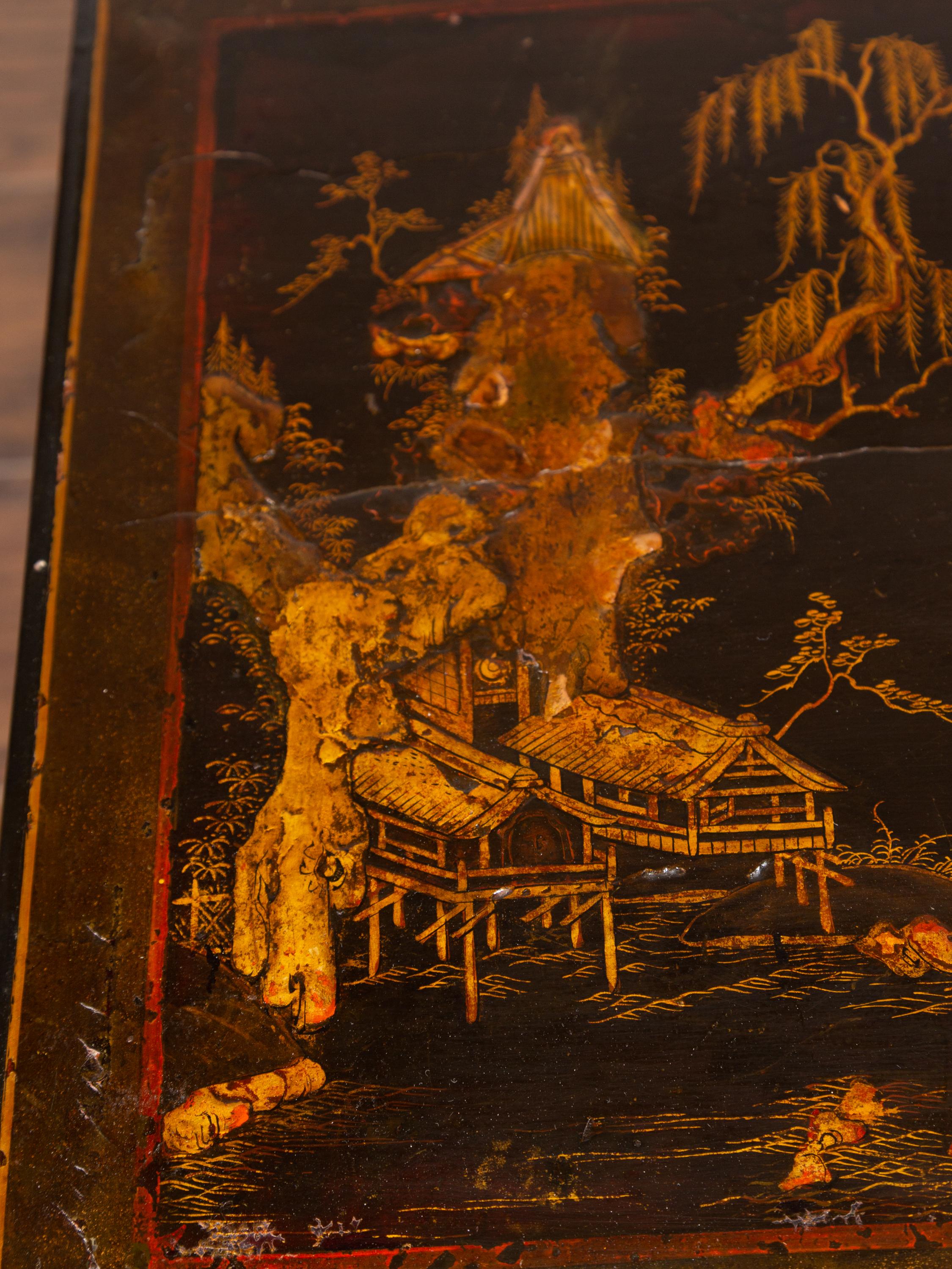 Gilt English 1860s Black Lacquered Side Table with Gilded Chinoiserie Décor