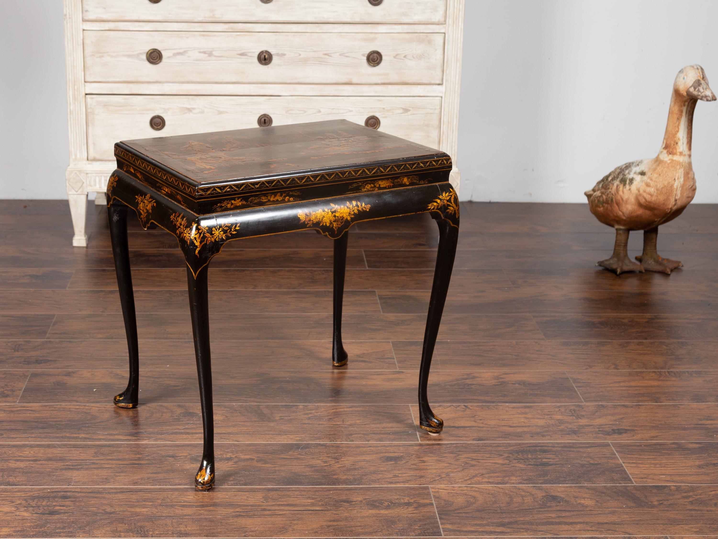 19th Century English 1860s Black Lacquered Side Table with Gilded Chinoiserie Décor