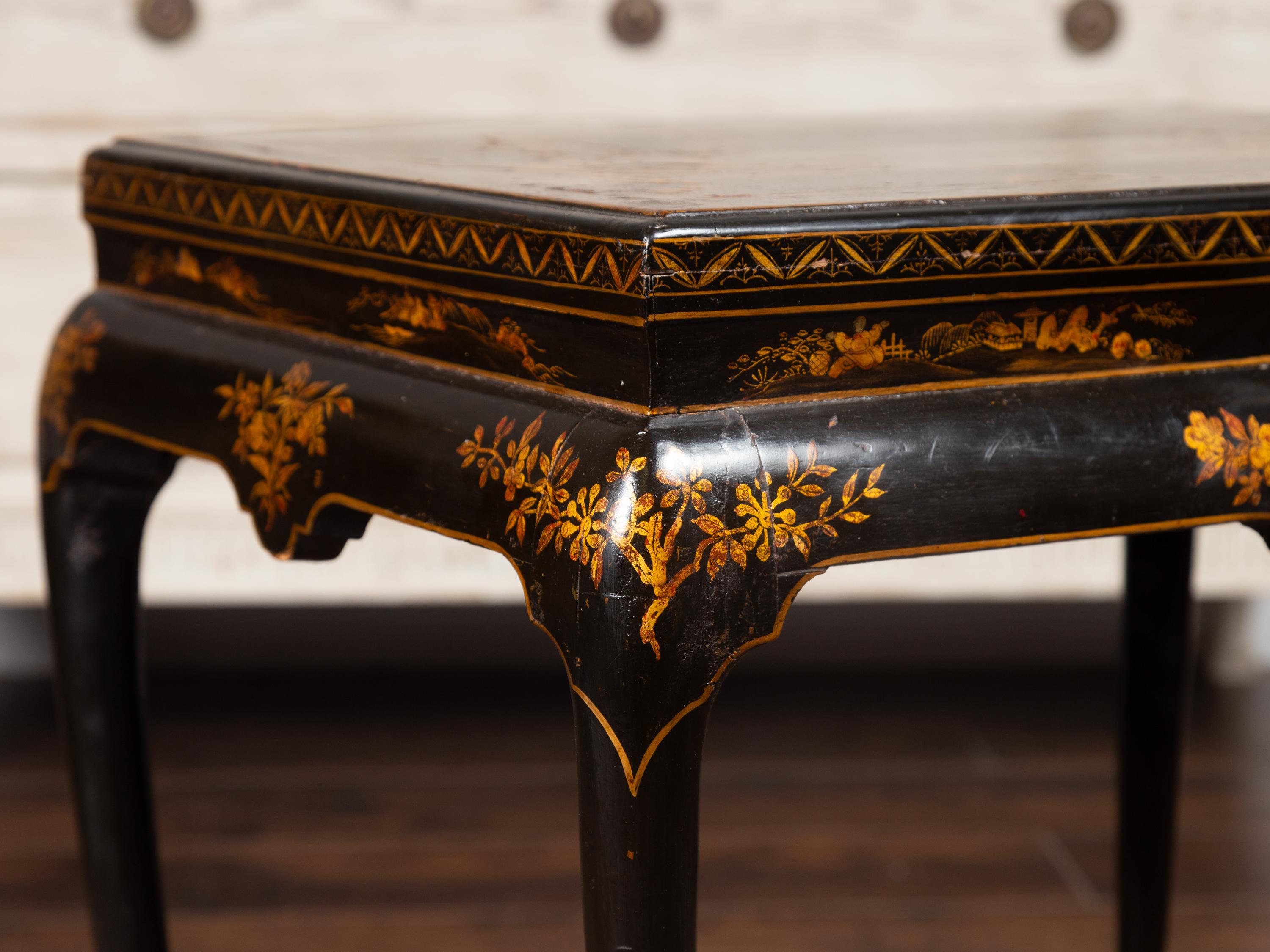 Wood English 1860s Black Lacquered Side Table with Gilded Chinoiserie Décor